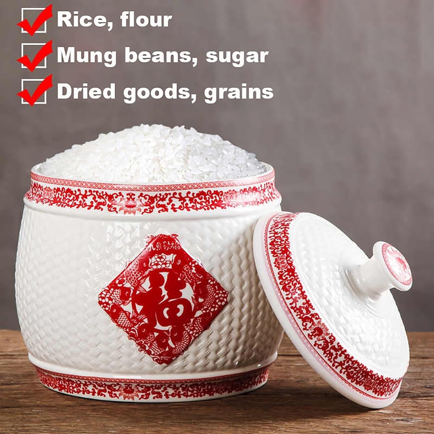 Chinese Sealed Large-Capacity Rice Pot, Ceramic Rice Bucket With Tassel Design, Grain Storage Ceramic Container, Rice Dispenser Airtight Storage Bucket For Grains Snacks Candy Coffee Beans Food(E,Capa