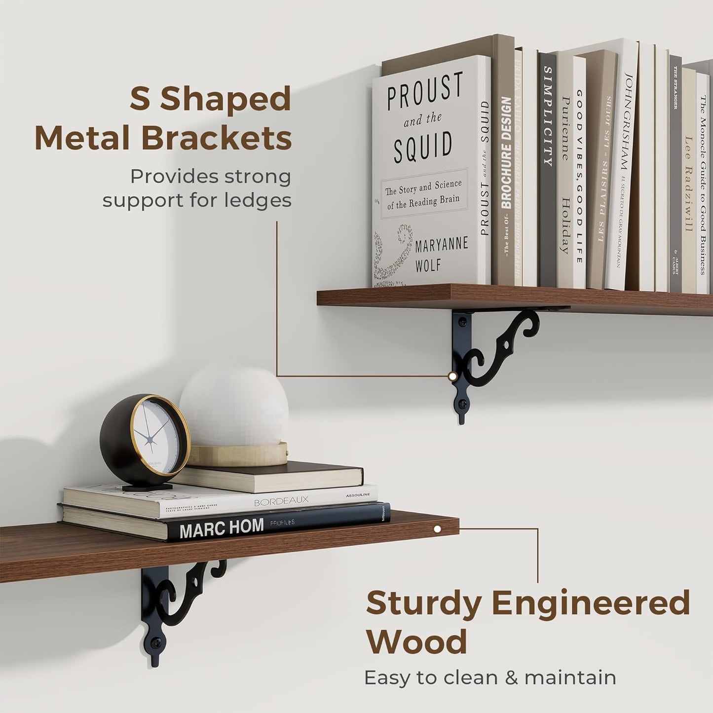 RICHFOCUS Floating Shelves for Wall Decor, 24Inch Wall Shelves Set of 2, 24W x 8D Floating Shelves Wall Mounted with Metal Brackets, Rustic Wood Shelves for Living Room Bedroom Kitchen, Walnut