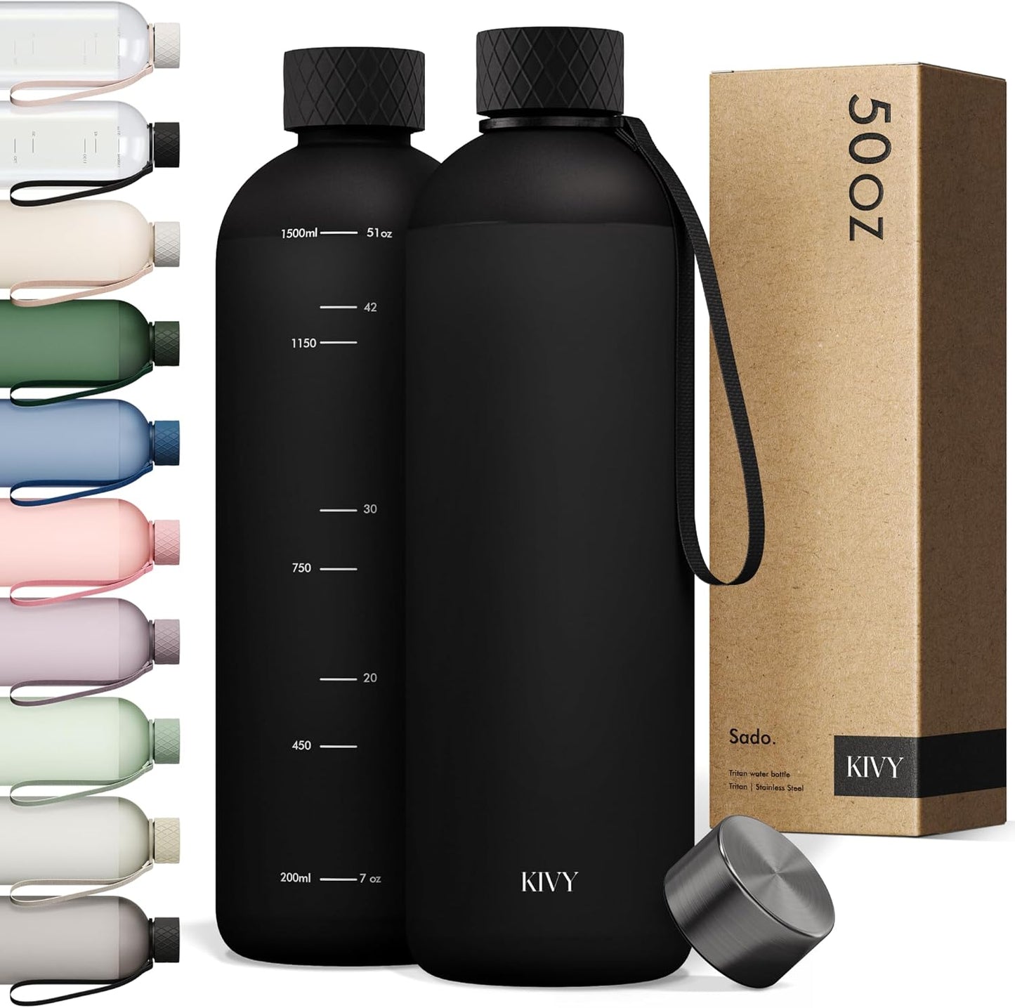 KIVY Slim Water Bottle 50oz [Lightweight & Shatterproof] - Reusable Tritan Water Bottle - Leak Proof Water Bottle for Women & Men - No Spill - Dishwasher Safe - Black