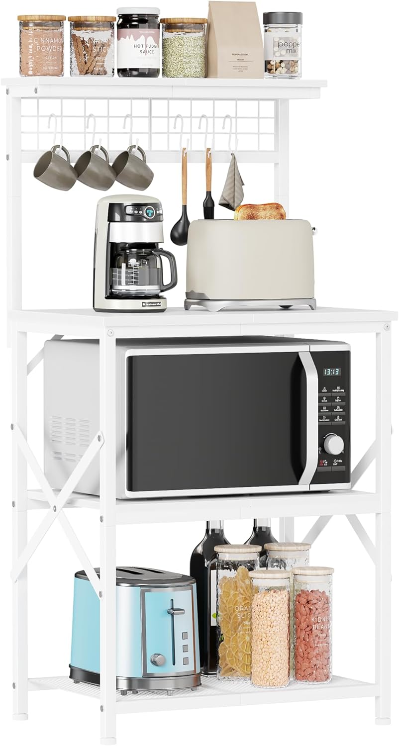 Furologee Kitchen Bakers Rack with Hutch, Coffee Bar Station 4 Tiers, Microwave Oven Stand with 6 S Hooks and Pegboard, Kitchen Microwave Rack for Spice Organizer Workstation, White