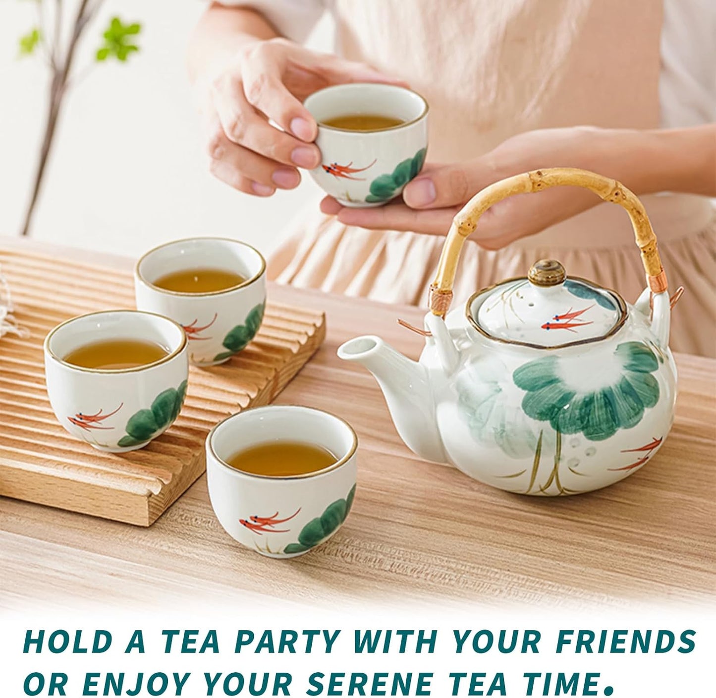 Japanese Tea Set Porcelain Tea Set with Teapot and Tea Cup Set for 4, Green and White Tea Sets for Adults with Stainless Infuser and Bamboo Tray, Asian Tea Set for Tea Lovers/Women/Men (Lotus)