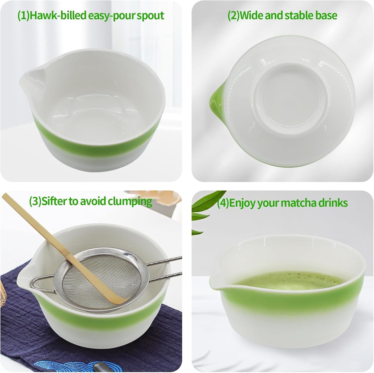 Matcha Whisk Set 7 Pcs Ceremony Kit - Gradient Glaze Ceramic Bowl, Bamboo Chasen & Holder, Sifter Scoop Gift for Matcha Lovers (Christmas/Birthday) (Green)