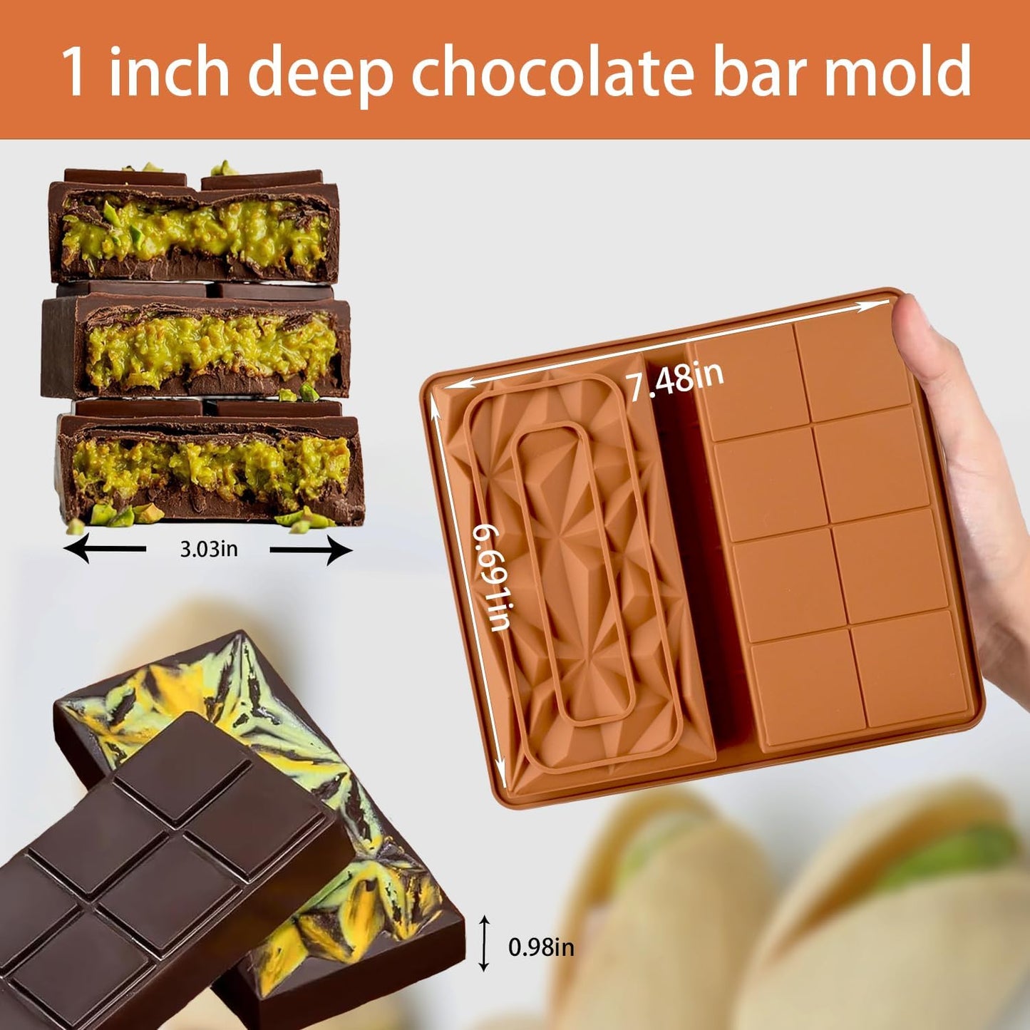 2 Pcs Dubai Chocolate Molds Silicone, 1 Inch Deep Chocolate Mold for Pistachio Chocolate Bar, Candy Bar Snack Baking Mold - 2 Different Shapes