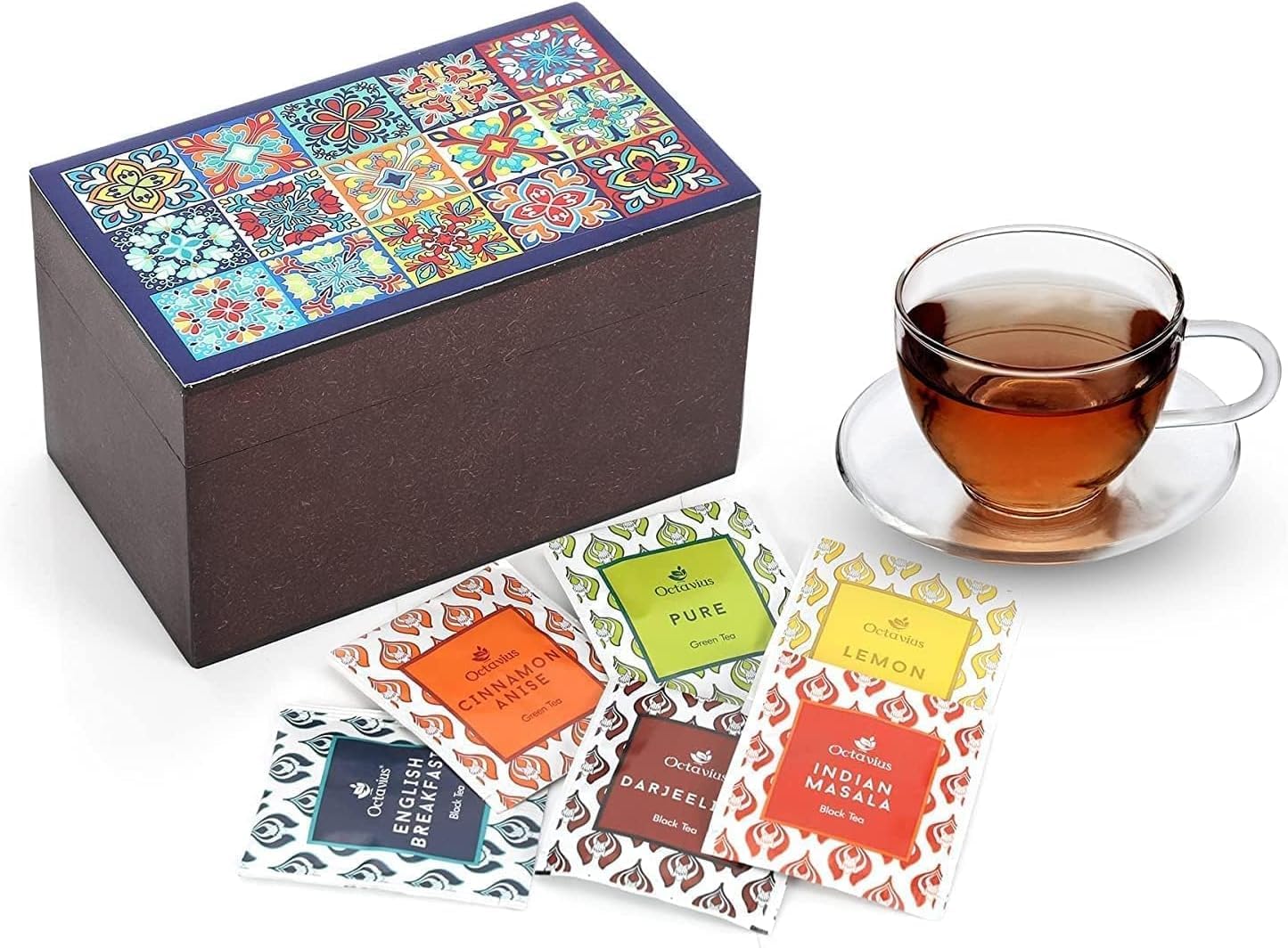 Octavius Assorted Tea Gift Set | 6 Assorted Black & Green Teas | 30 Teabags | Wooden Tea Sampler Pack w/Tile Motif Design | Pack of 2 | Mothers Day Tea Gift Box