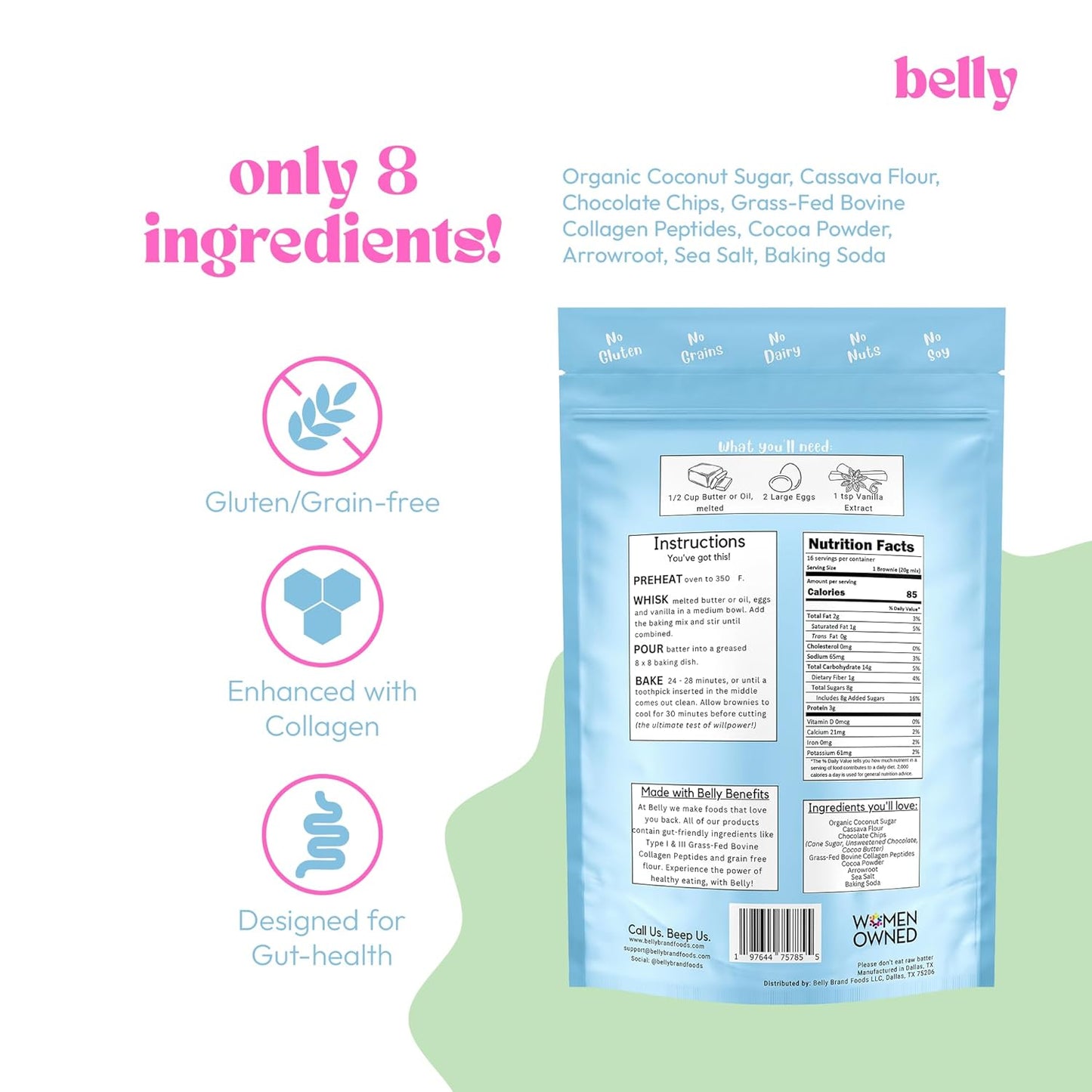 Belly Brownie Mix with Collagen Protein | High-Protein | Fudgy Brownies | Grain-Free Dairy-Free Nut-Free | Healthy Snacks For Adults & Kids | Women-Owned Business | 11.4 oz | 3 Pack