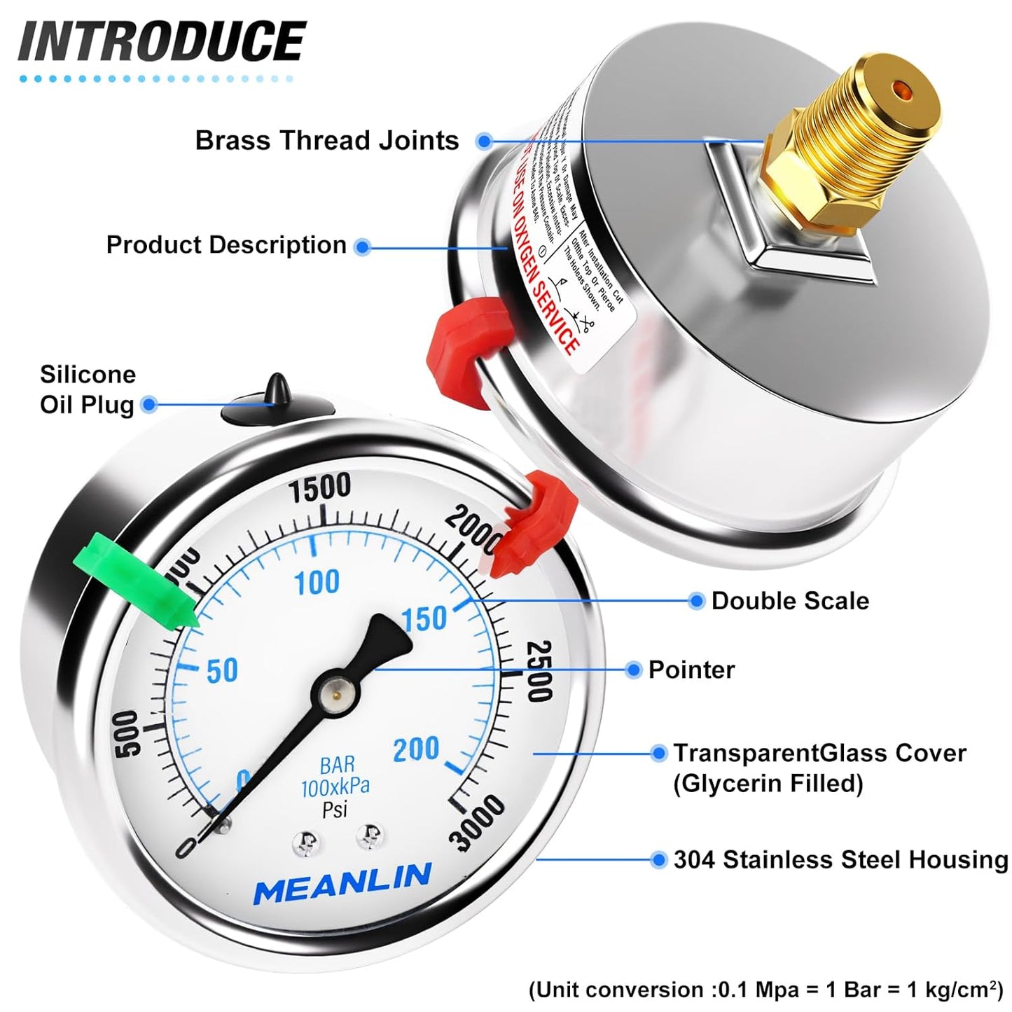 MEANLIN MEASURE 0~3000Psi Liquid Filled Pressure Gauge 1/4" NPT 2.5" FACE DIAL Stainless Steel Glycerin Filled WOG Water Oil Air Back Mount (with 2PCS Snaps)