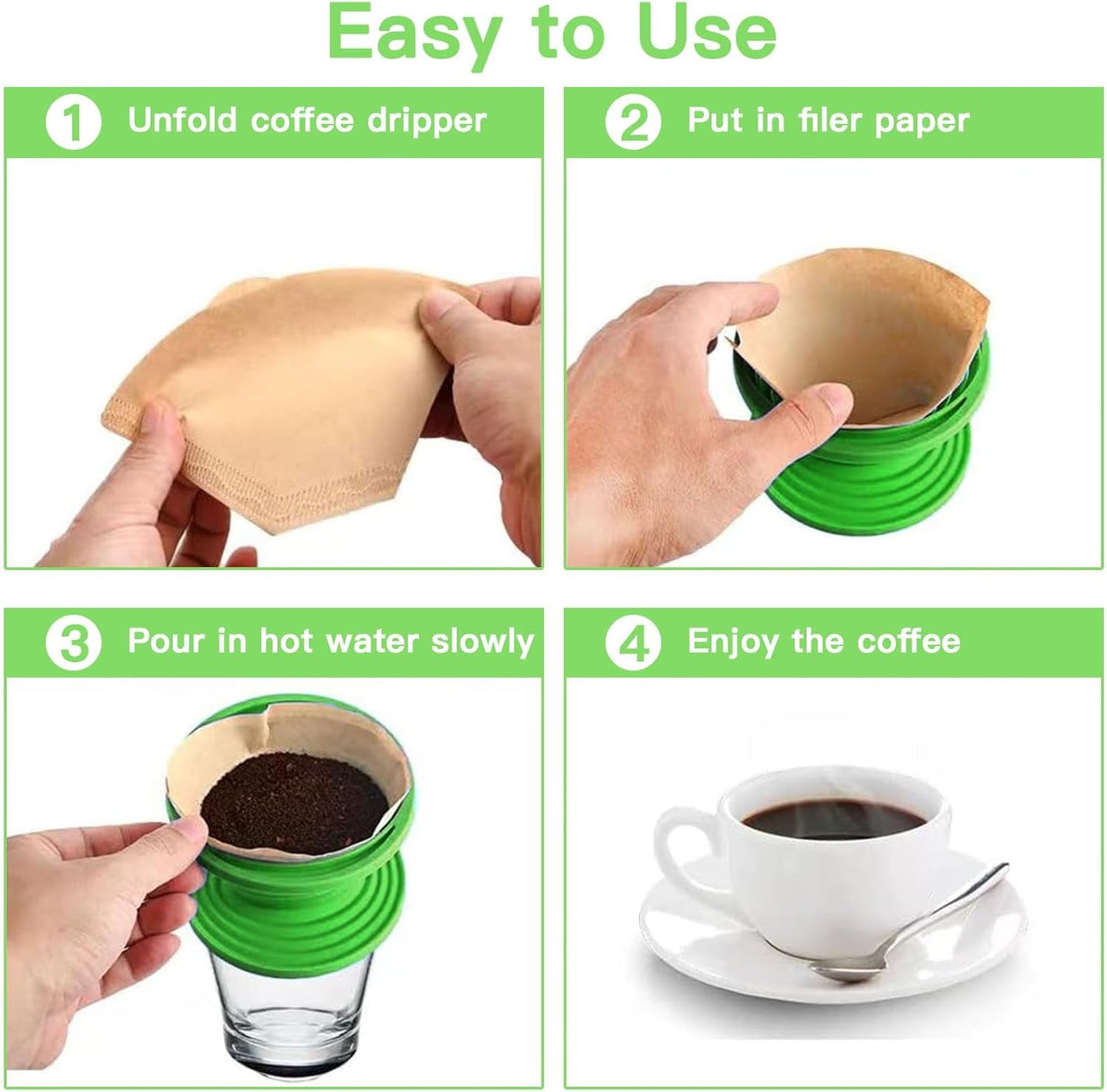 Collapsible Pour Over Coffee Dripper Set - Silicone Reusable Cone Filter Holders with 100Pcs Paper Filters - For Home, Camping, Travel, Office (1, Green)