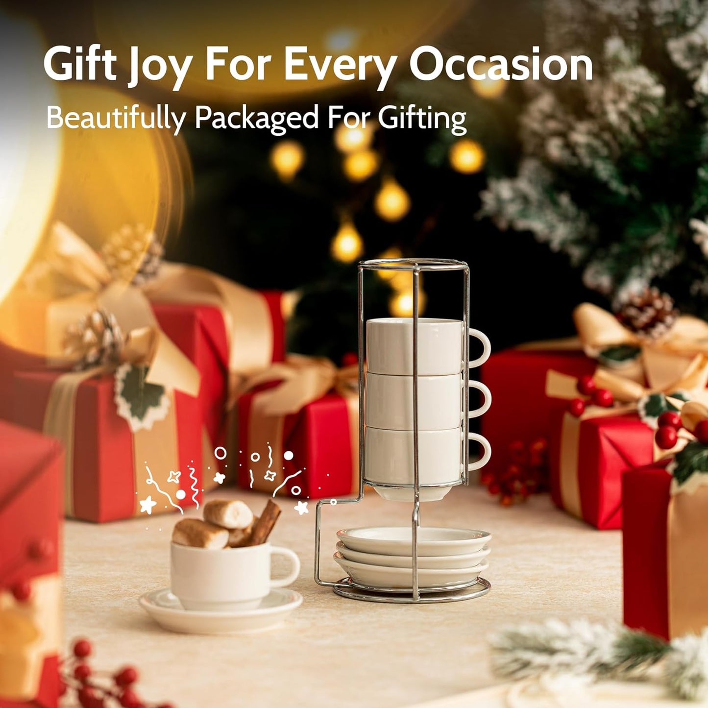 Sweese 2.5 Ounce Porcelain Stackable Espresso Cups with Saucers and Metal Stand Set of 4, White