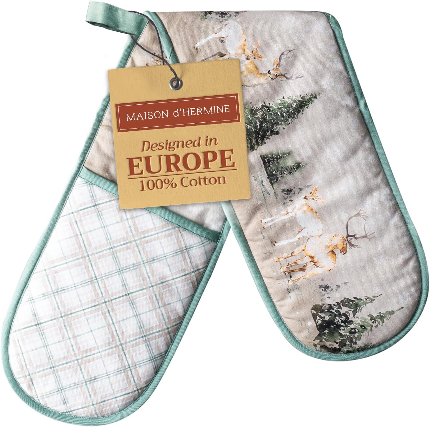 Maison d' Hermine Double Oven Mitt 100% Cotton Heat Resistant Cooking Gloves with Loop, Baking Barbeque, Handling Hot Pan, Deen in The Woods - Thanksgiving/Christmas (7 Inch x 35 Inch)