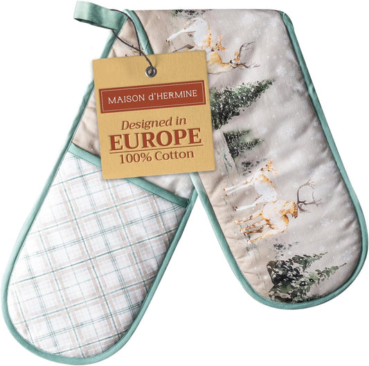 Maison d' Hermine Double Oven Mitt 100% Cotton Heat Resistant Cooking Gloves with Loop, Baking Barbeque, Handling Hot Pan, Deen in The Woods - Thanksgiving/Christmas (7 Inch x 35 Inch)