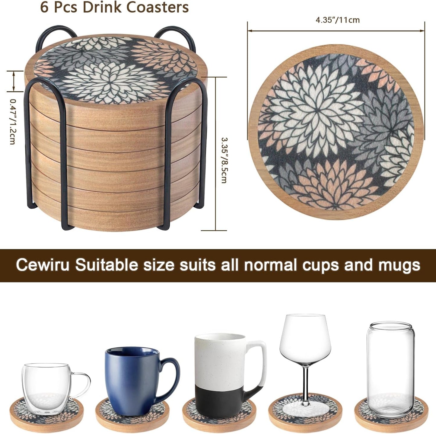 Wood Coasters Set of 6 with Holder, Cewiru Cup Mat for Drinks, Absorbent Coasters with Felt Insert for Coffee Table Protection, Modern Style Home Dining Table Decor, 4.3" Mix Brown