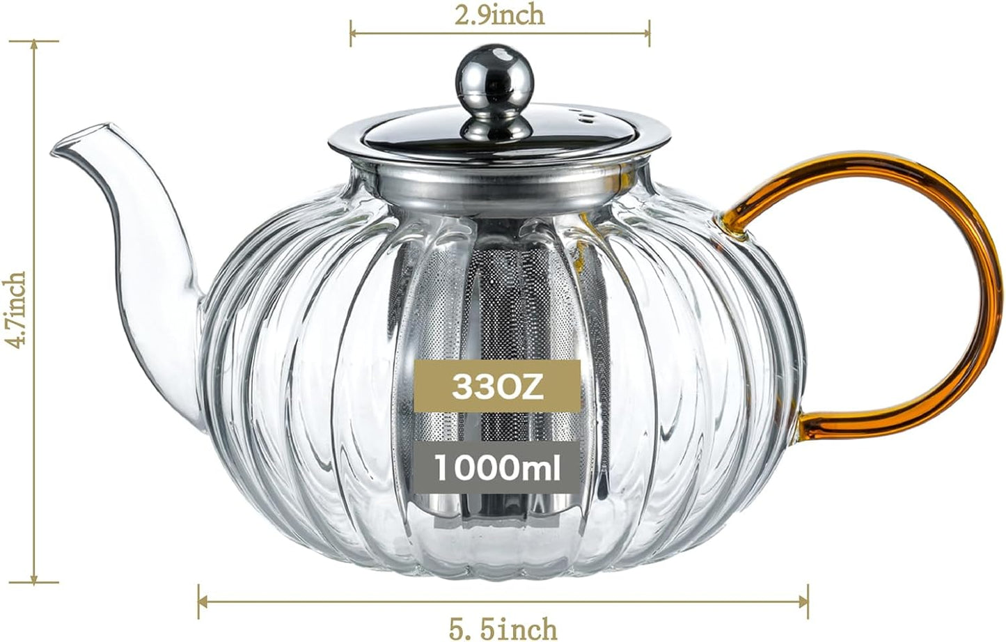 Glass Teapot 33.8oz/1000ml, Glass Tea Kettle with Removable Infuser, Pumpkin Shape Hand Blown Teapot for Blooming Flower Tea and Loose Leaf, Tea Lover's Choice