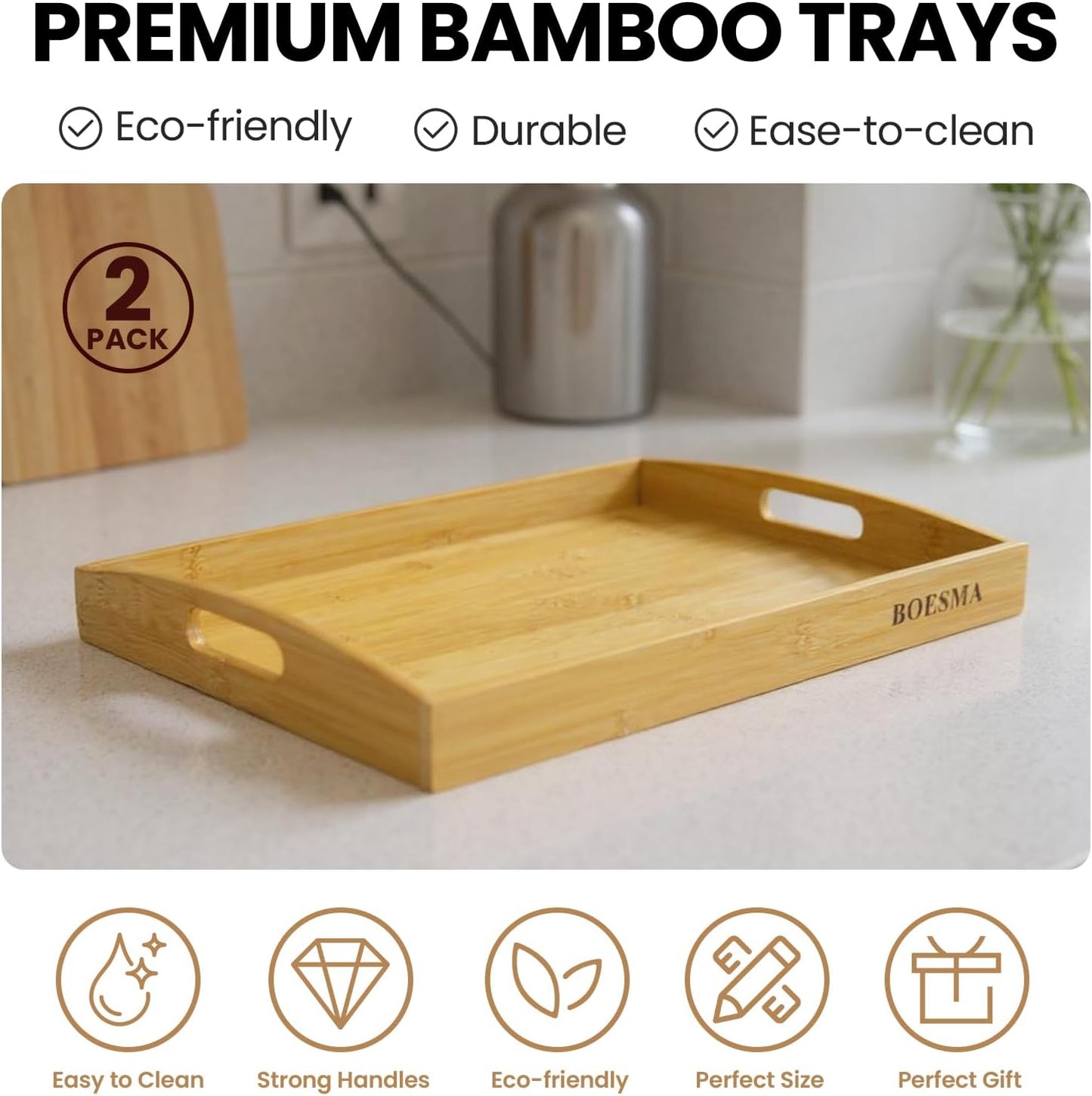 Set of 2 Bamboo Serving Tray with Handles, Decorative Wooden Tray for Breakfast, Dinner, Coffee Table - Portable Bamboo Tray for Ottoman, Kitchen, Living Room Bedroom, Outdoor Scenarios and More