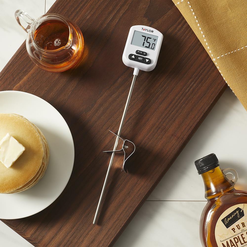 Taylor Programmable Digital Candy and Deep Fry Thermometer with Green Light Alert Display, Long Stem, and Adjustable Pan Clip, White