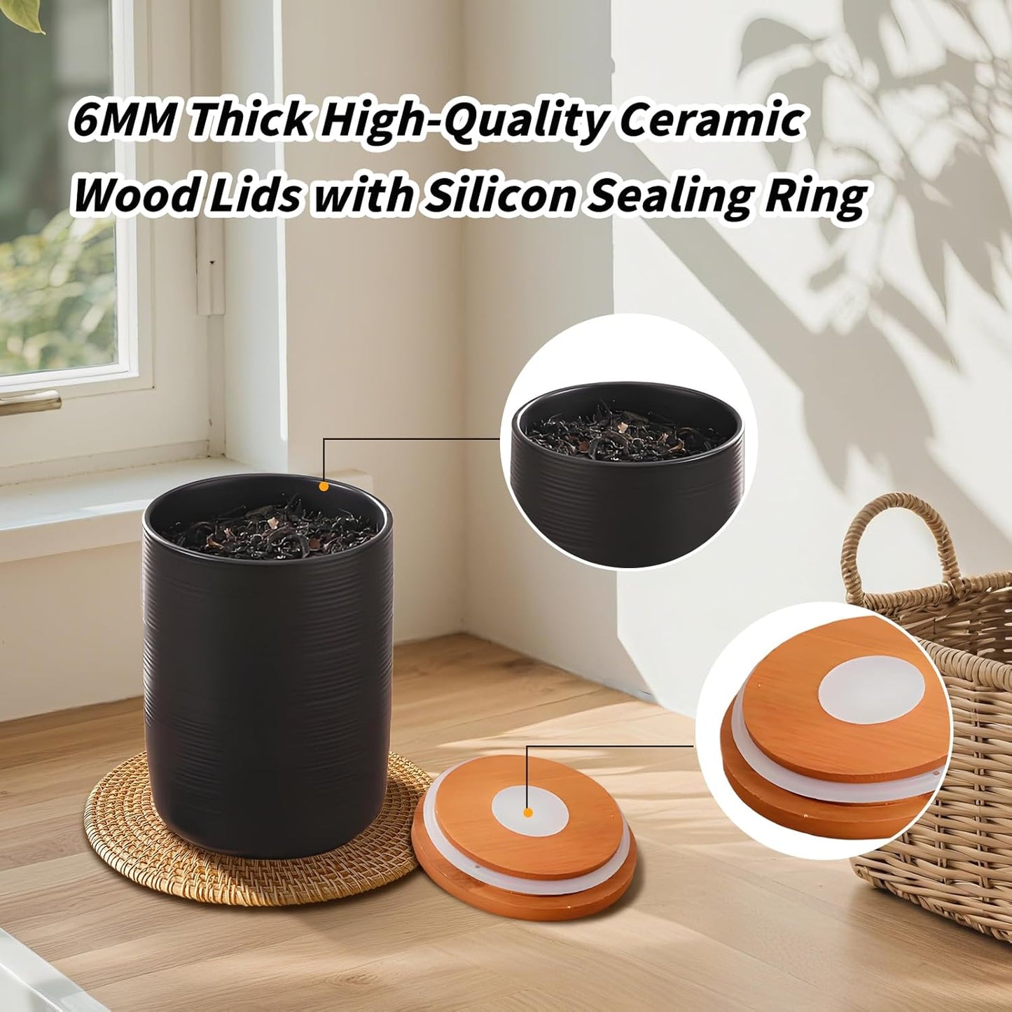 Food Storage Jar Strong Ceramic Storage Canisters with Airtight Wooden Lid,Kitchen Storage Containers for Serving Coffee Beans, Tea, Sugar, Salt, Spices (Big black)
