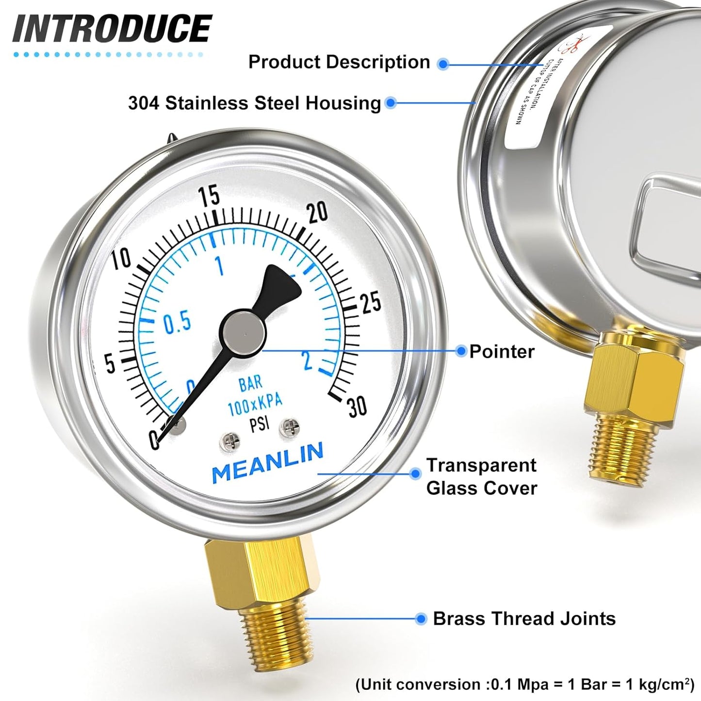 MEANLIN MEASURE 0~30Psi Dry Low Pressure Gauge Stainless Steel 1/8" NPT 2" FACE DIAL Waterproof for Pool Sand Filter Water Oil Air Pressure Test Lower Mount, with 1/4" NPT and 3/8" NPT Hex Bushing