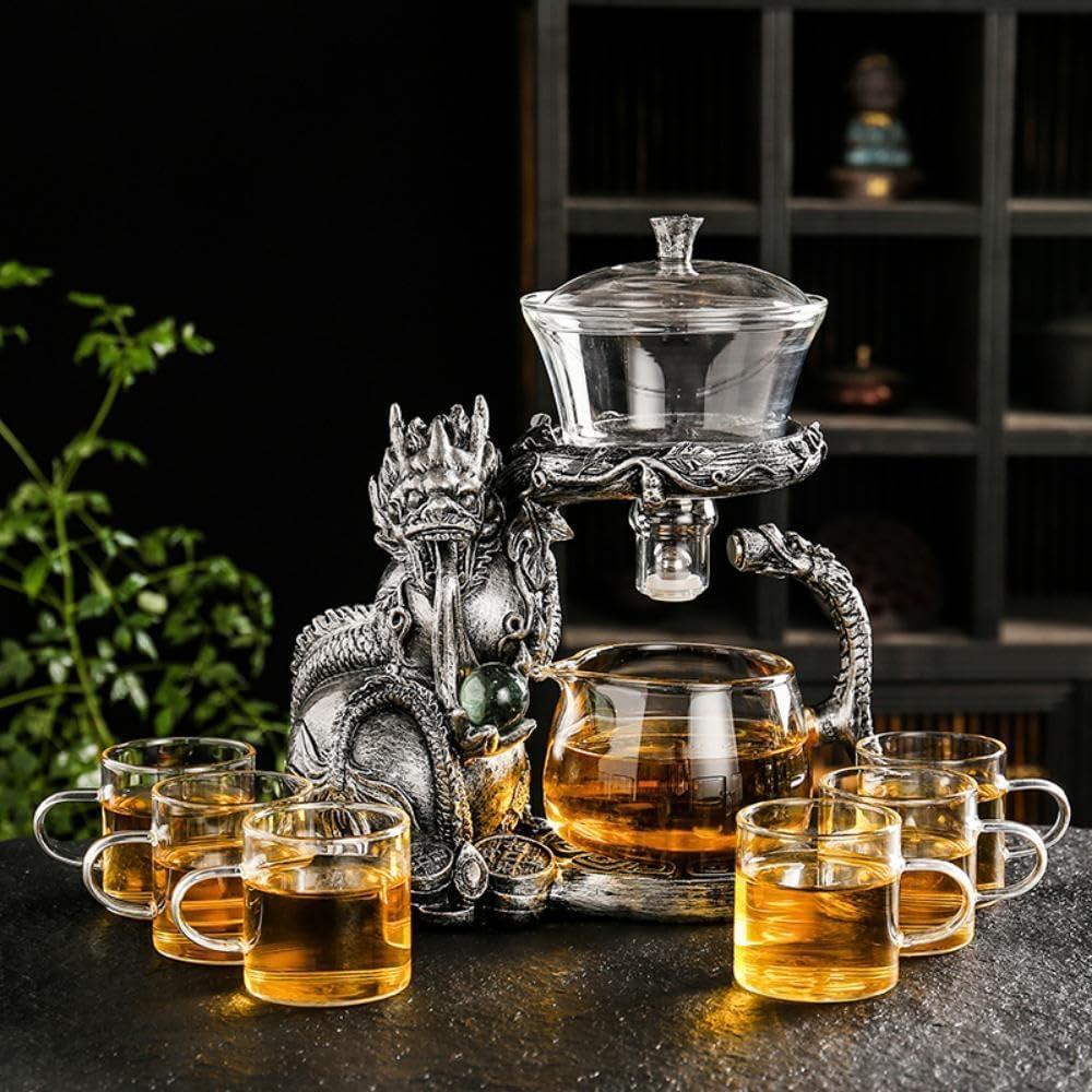 Glass Teapot Set with Infuser Semi Automatic Dragon Tea Set with 6 Small Cups (silver dragon)