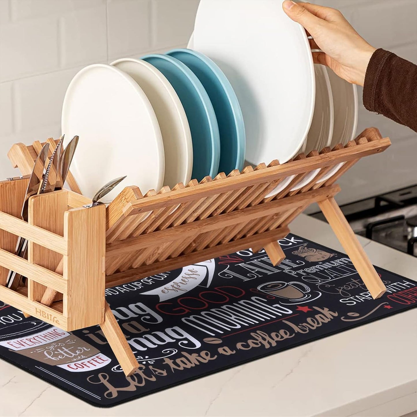 SHACOS Coffee Mat 2-Pack 12x19 inch Absorbent Non Slip Rubber Coffee Maker Mat for Countertop Bar Accessories Espresso Heat Resistant, Black Red