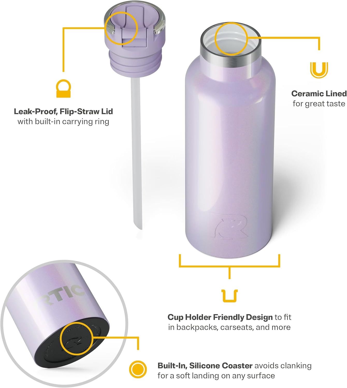 RTIC 16oz Journey Bottle Metal Stainless Steel Vacuum Insulated, BPA Free, Reusable, for Water, Hot and Cold Drinks, Travel, Sports, Camping, Lavender Glitter