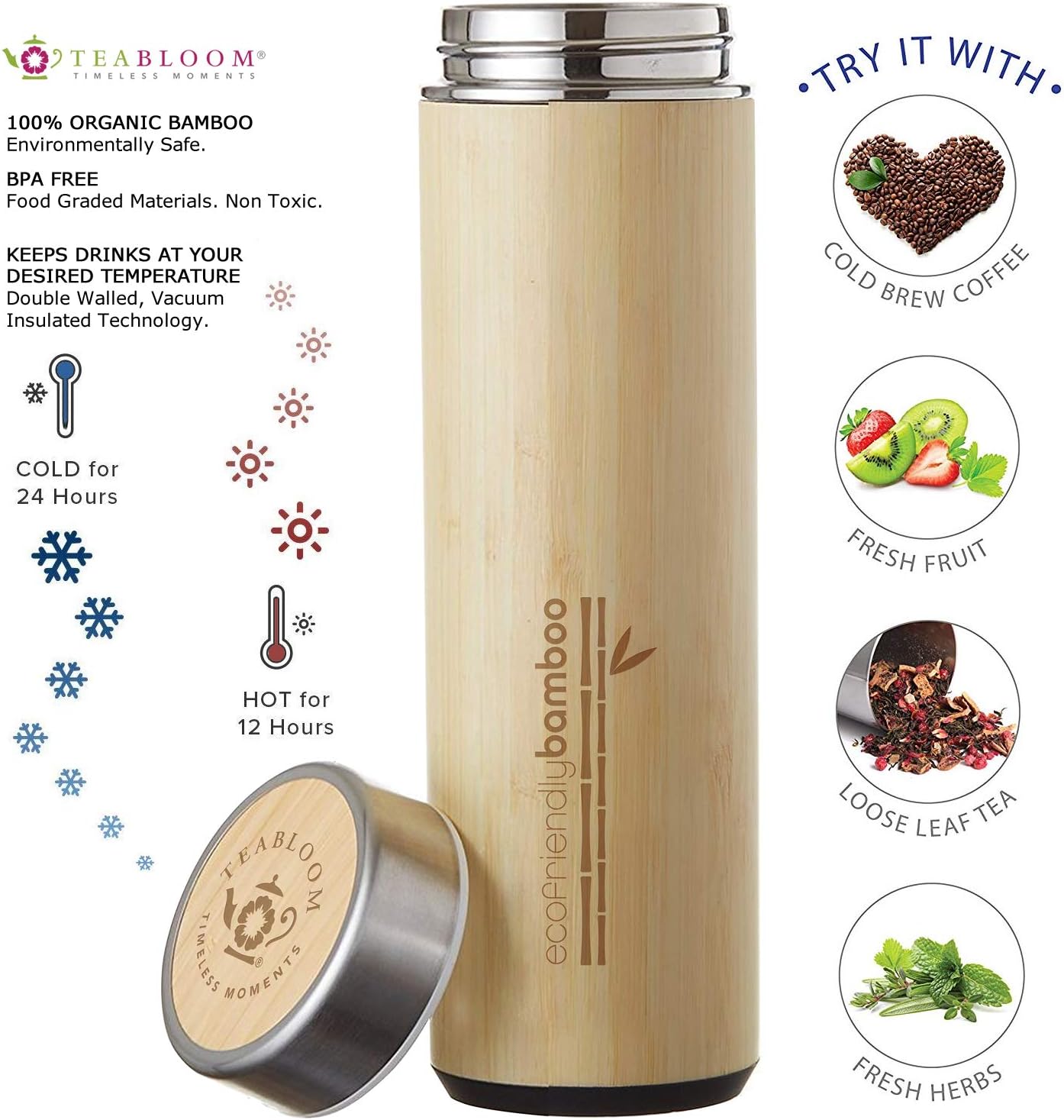 Teabloom All-Beverage Travel Tumbler – Large Capacity 17 oz / 500 ml – Insulated Thermos Mug – Eco-Friendly Bamboo – Hot and Cold Tea Infuser – Cold-Brew Coffee – Fruit-Infused Water – The Naturalist