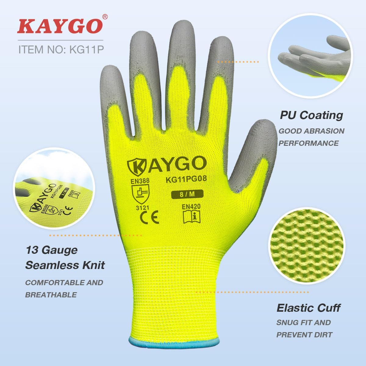 Safety Work Gloves for Men and Women PU Coated, 60 Pairs Seamless Knit Glove with Thin Polyurethane Coated Smooth Grip on Palm&Fingers, Ideal for General Light Duty Work, KG11PB Green,L