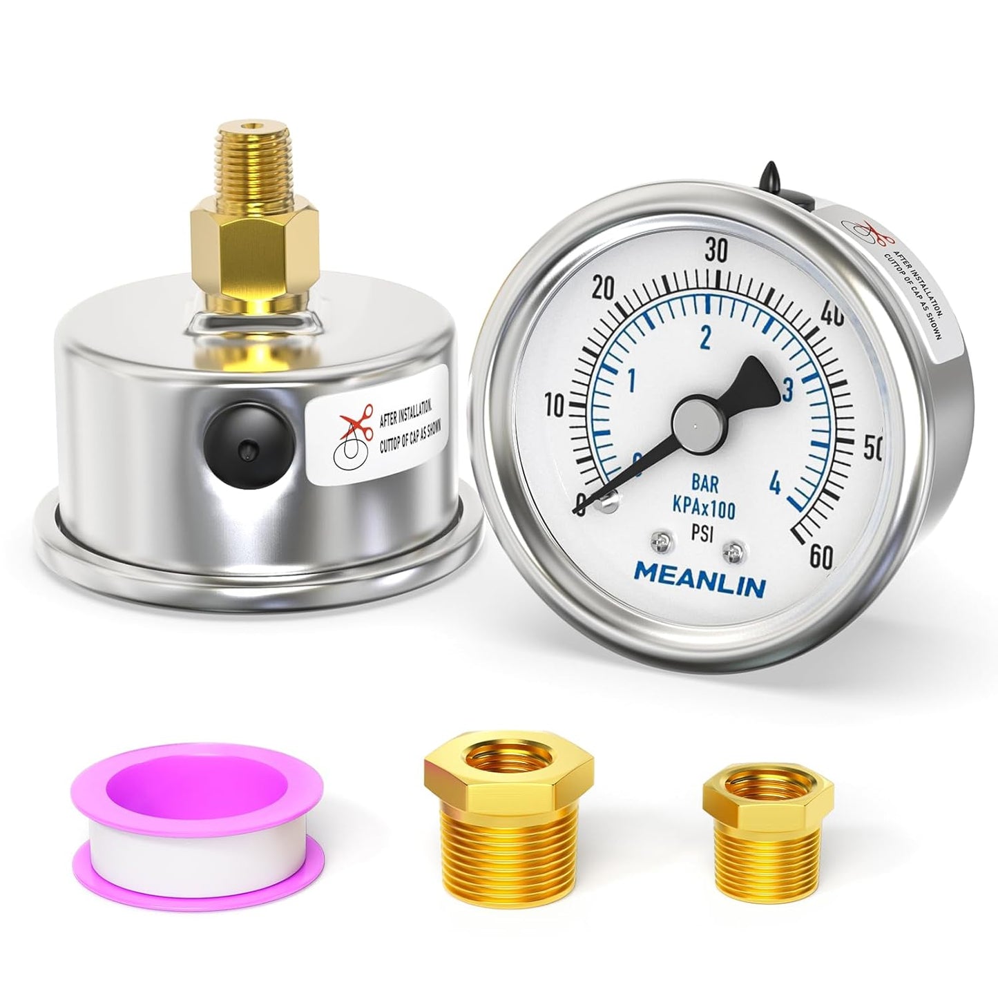 MEANLIN MEASURE 0~60Psi Dry Pressure Gauge Stainless Steel 1/8" NPT 2" FACE DIAL Waterproof for Pool Filter Pump Oil Air Compressor Tire Pressure Tester Back Mount with 1/4"NPT and 3/8"NPT Hex Bushing