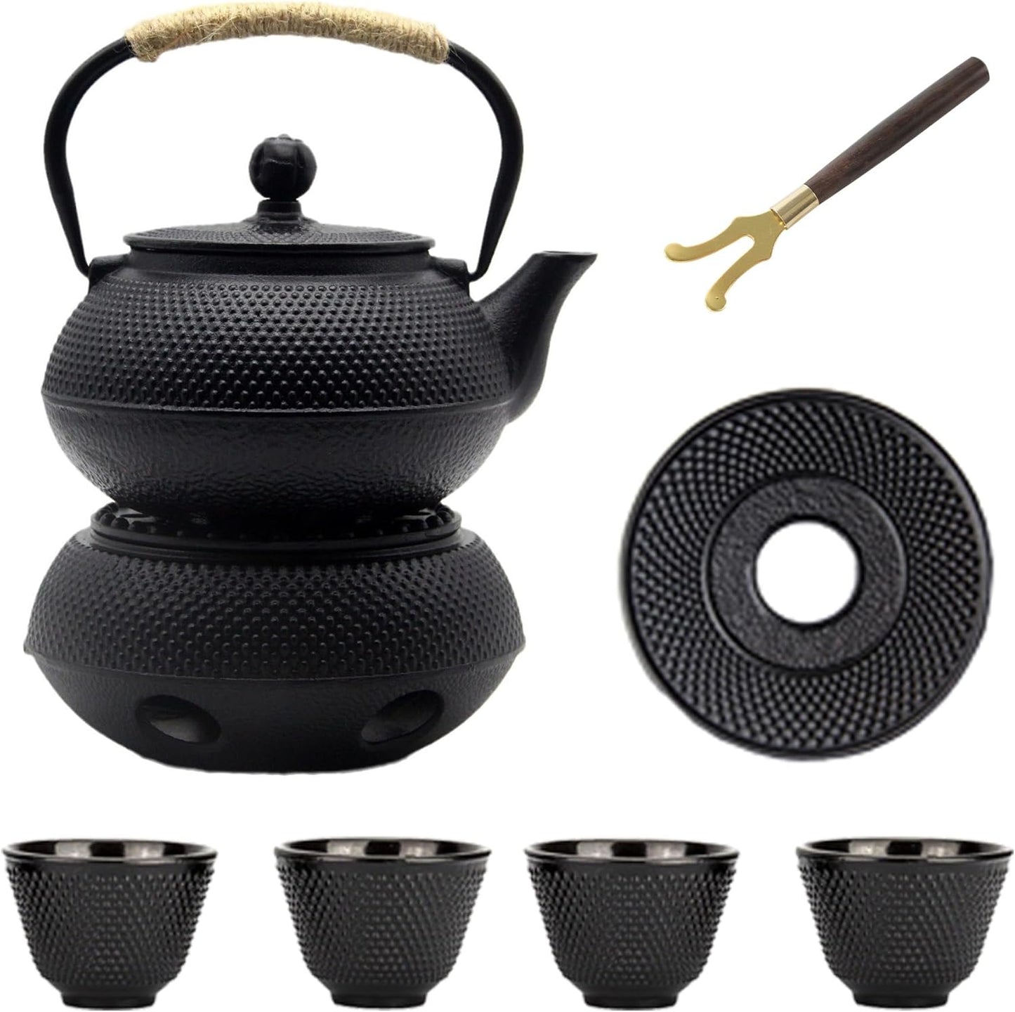 YJX Cast Iron Teapot Set with Cast Iron Warmer, Japanese Tetsubin Tea Kettle Set with Cups,Cast Iron Teapot with Stainless Steel Infuser and Enameled Interior(600ml Teapot Set Combination 1), Black