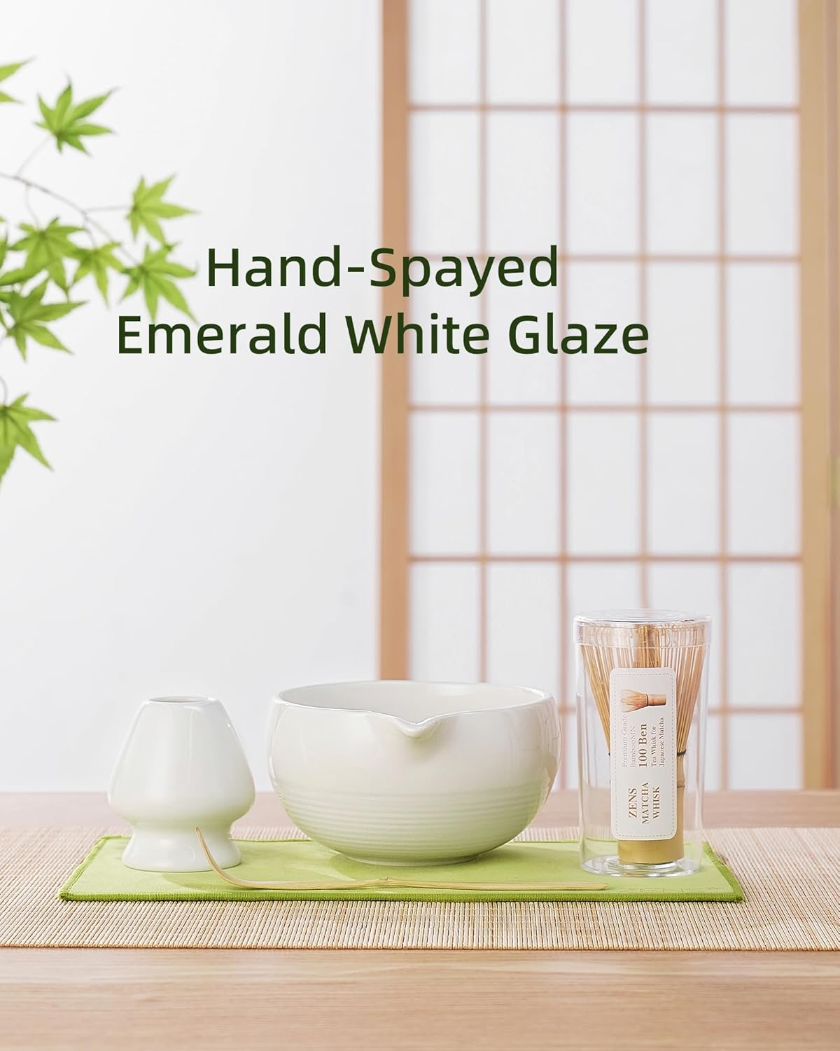 ZENS Matcha Whisk Set, 15oz Ceramic Matcha Bowl with Spout and Bamboo Whisk, Whisk Holder (Chasen), Scoop & Tea Towel, 5pcs Matcha Tea Kit Gift for Matcha Lovers, White