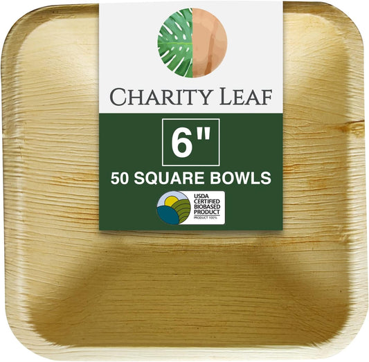 Charity Leaf Disposable Palm Leaf 6" Square Bowl (50 pcs) Dipping Bowls | Bamboo Like| All Natural and Biodegradable | Charcuterie Boards, BBQs, and Parties