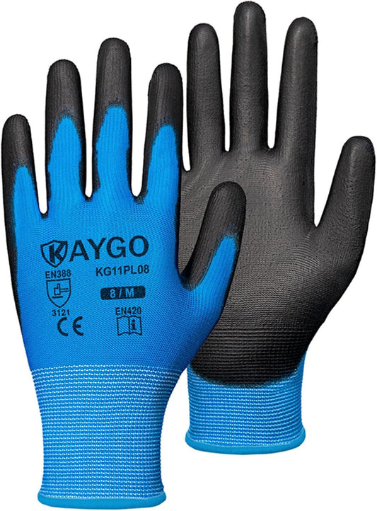 KAYGO Safety Work Gloves PU Coated-60 Pairs Seamless Knit Glove with Polyurethane Coated Smooth Grip on Palm & Fingers, for Men and Women, Ideal for General Duty Work, KG11PR (M,Blue)