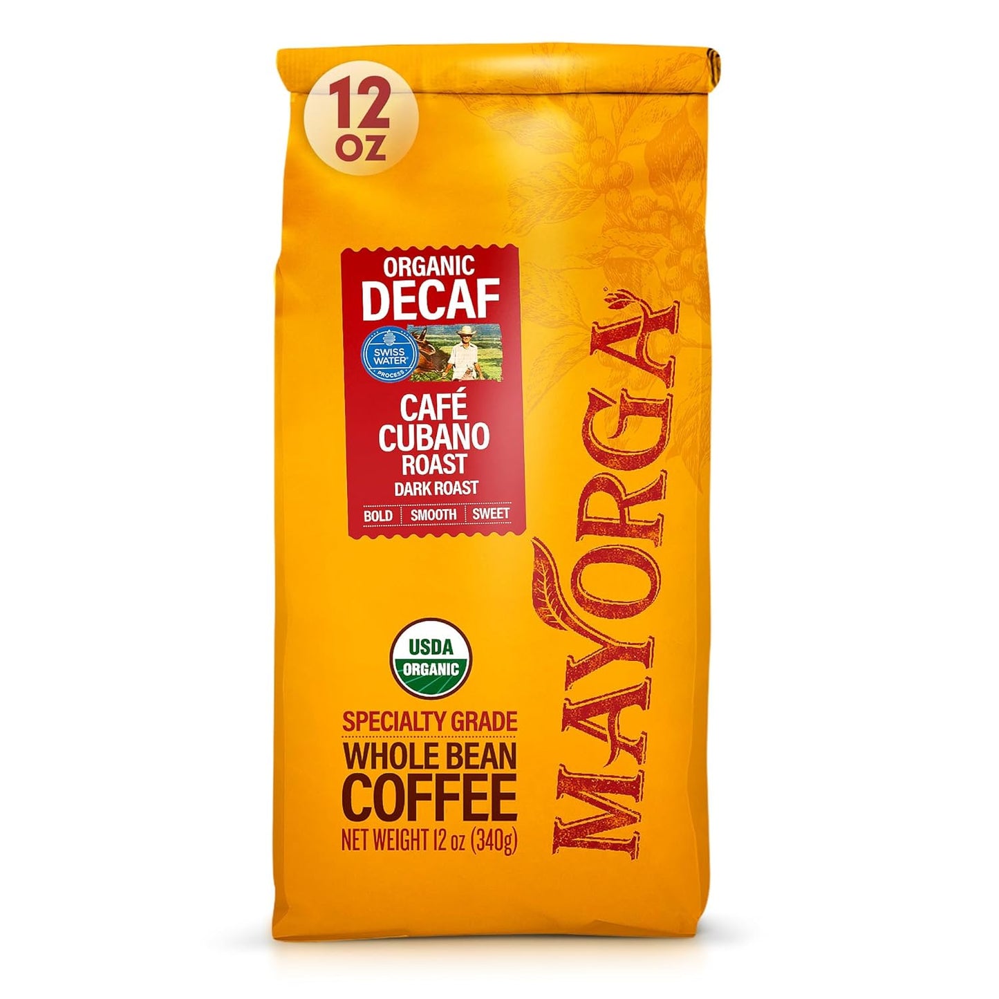 Mayorga Decaf Dark Roast 12oz Bag Cafe Swiss Water Decaffeinated Cubano Roast 100% Arabica Whole Coffee Beans - Smoothest Organic Coffee - Specialty Grade, Non-GMO, Direct Trade