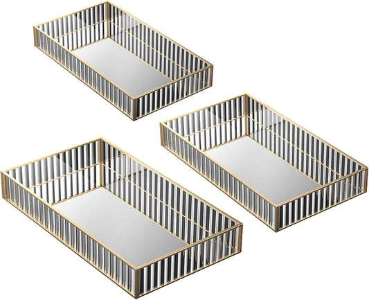 DAWNTREES Glass Vanity Tray, Bathroom Counter & Bedroom Dresser Organizer, Gold Border with Glass Bottom,Jewelry Makeup Perfume Display Trays for Home Decor,Set of 3 (Small, Medium, Large)