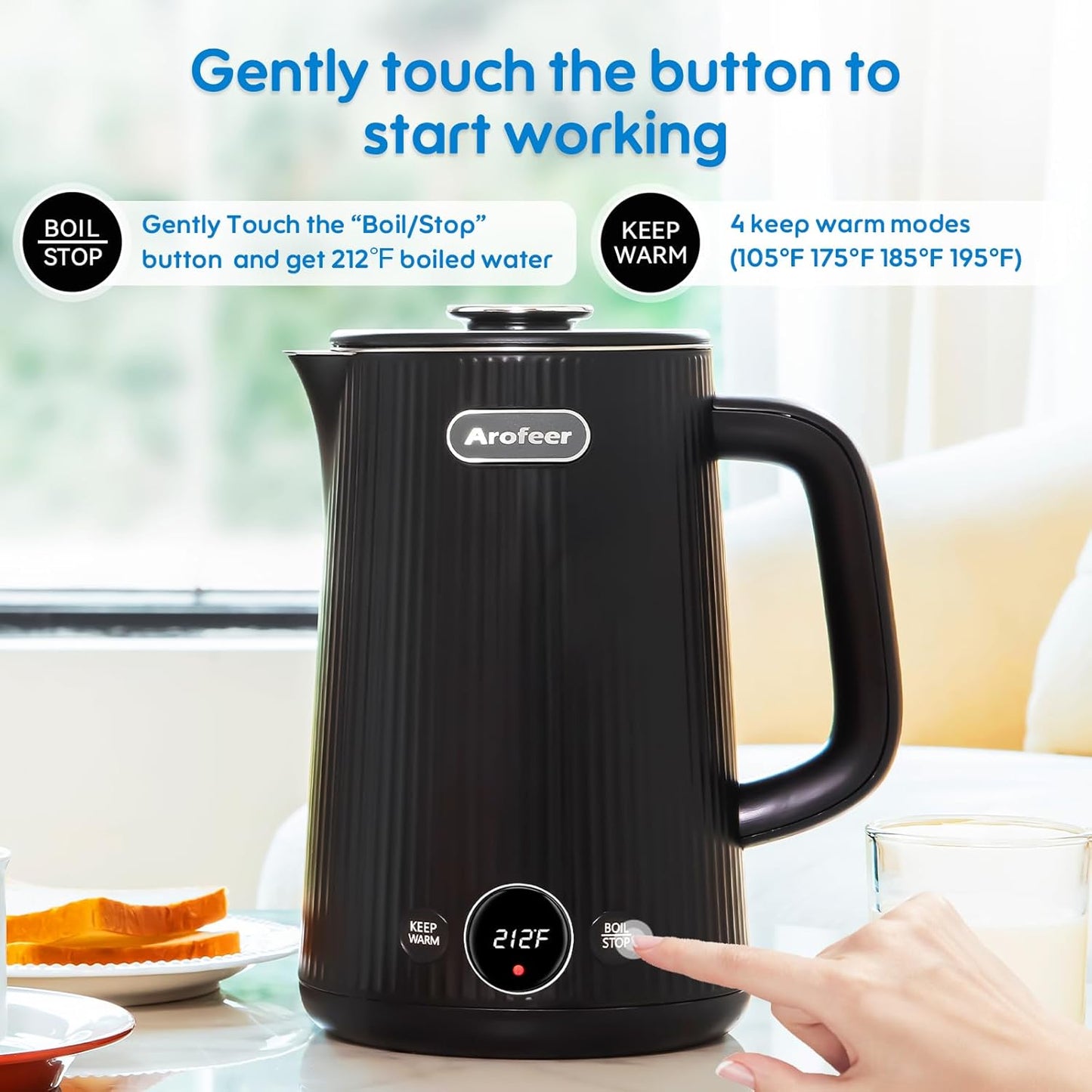 1.7L(57oz) Large Electric Kettle Temperature Control, 7+Cups Electric Tea Kettle for Coffee&Tea, 2 quarts Big Hot Water Kettle Electric with,1200W,Keep Warm-Black