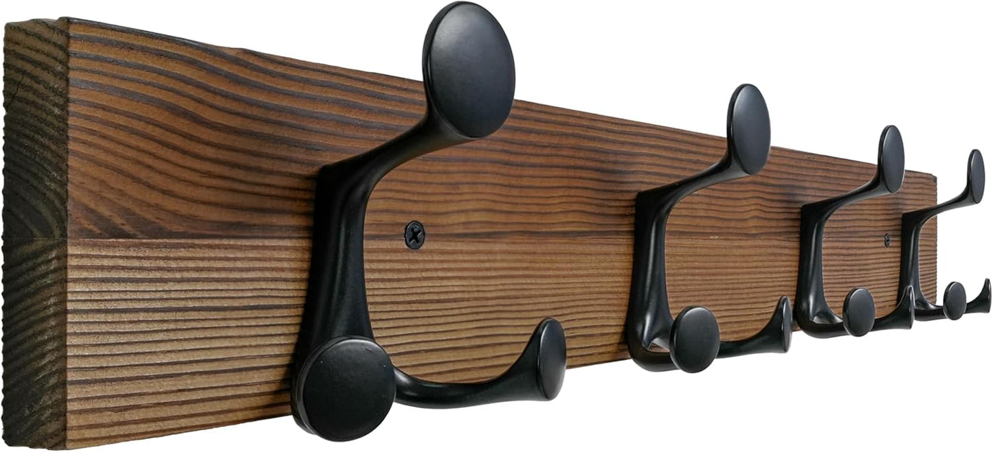 SKOLOO 24-Inch Wood Coat Rack Wall Mount with 4 Triple Hooks - Ideal for Family Entrances, Classrooms, and Pet Supplies Storage - Perfect Coat Hooks for Wall,Charred Golden Brown