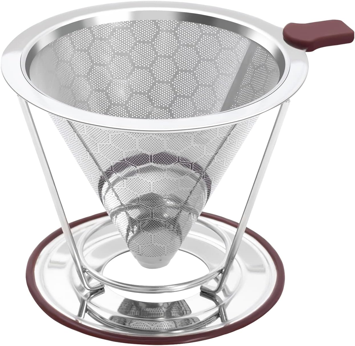 Pour Over Coffee Dripper Stainless Steel Coffee Filter Metal Cone Filter Paperless Reusable Single Cup Maker 1-2 Cup With Non-slip and Removable Cup Stand