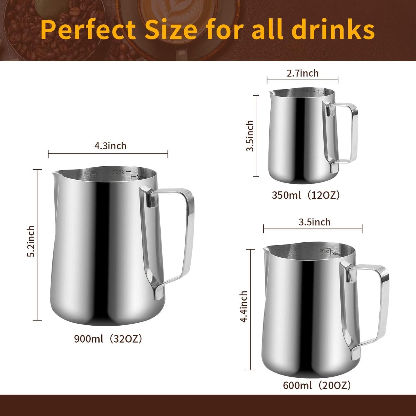 Espresso Milk Frothing Pitcher, Stainless Steel 300Z/900ML Coffee Milk Frother Cup with Decorating Art Pen for Espresso Machine, Latte Art