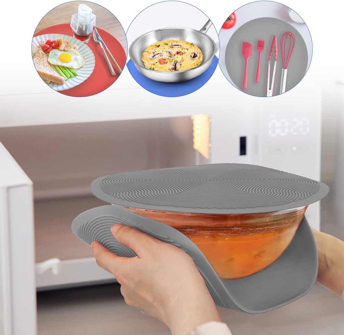 Pack 2,KooMall 12 10 8 Inch Multi-use Microwave Mat, Trivet, Pot Holders, Drying, Baking, Place Mat, Utensils Rest, Silicone Cover Pad for Hot Pot Pan,Plates Dishes Kitchen Counter,Heat Resistant,Gray