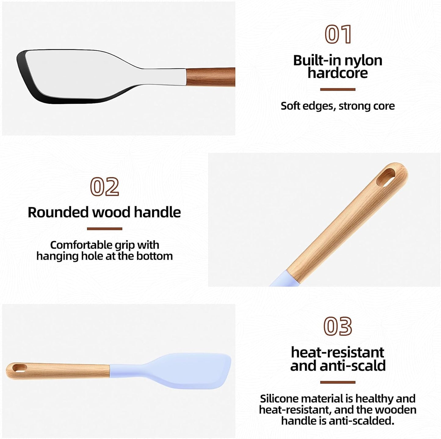 Wooden Handle Silicone Rubber Spatula Set for Kitchen Baking, Cooking, and Mixing High Heat Resistant Non Stick Dishwasher Safe BPA-Free Black+blue Set of 2 (Wooden handle spatula-Two-color)