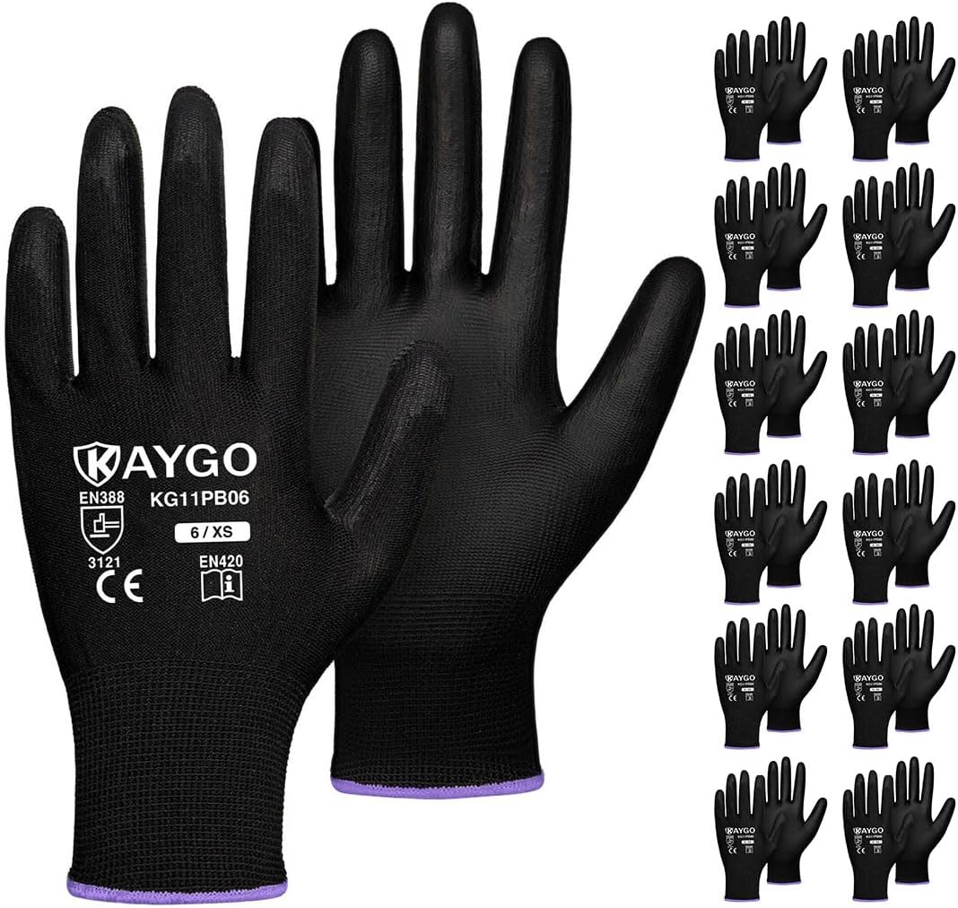 KAYGO Safety Work Gloves PU Coated,12 Pairs KG11PB Seamless Knit Glove for Men and Women, with Smooth Grip on Palm and Fingers, Ideal for General Duty Work (X-Small, Black)