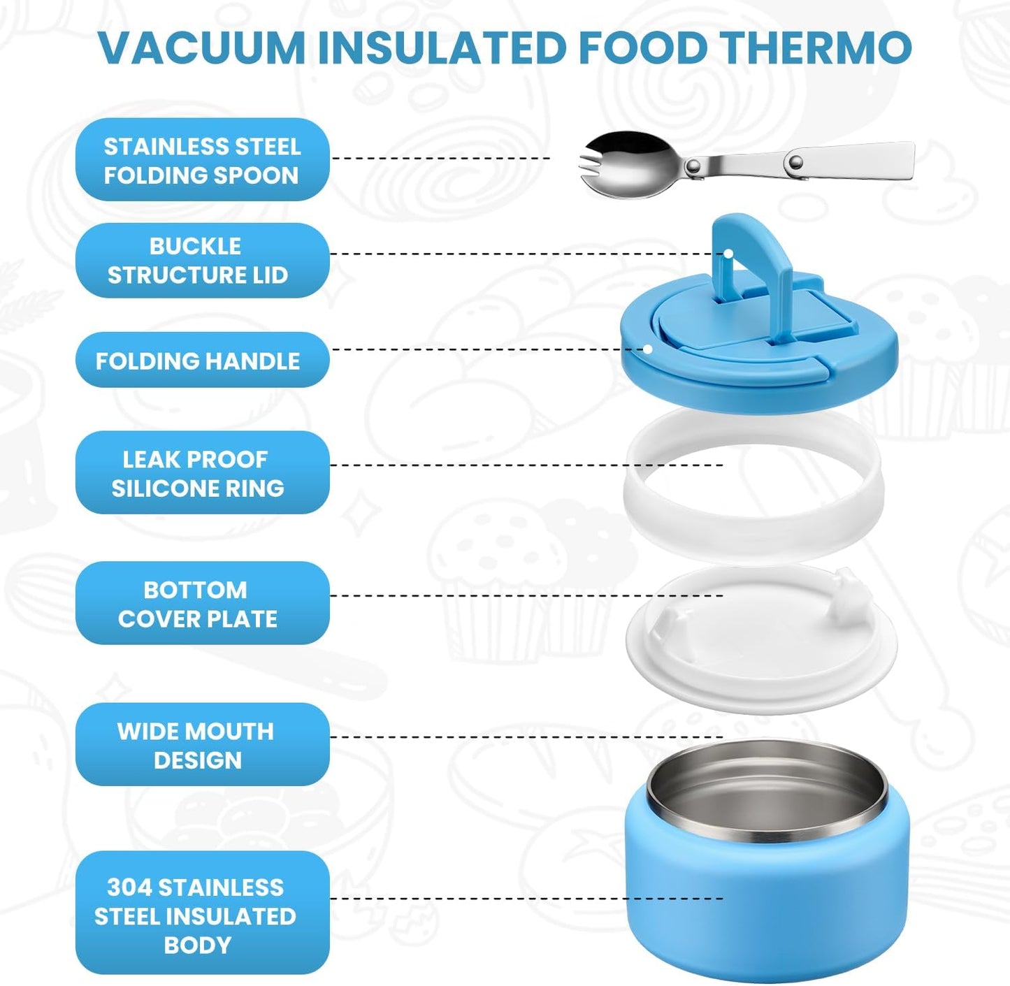 Soup Thermo for Hot Food Kids 13.5oz Lunch Containers with Buckle Lid Wide Mouth Hot Food Jar Vacuum Insulated Stainless Steel Bento Box Leakproof with Spoon(Blue)