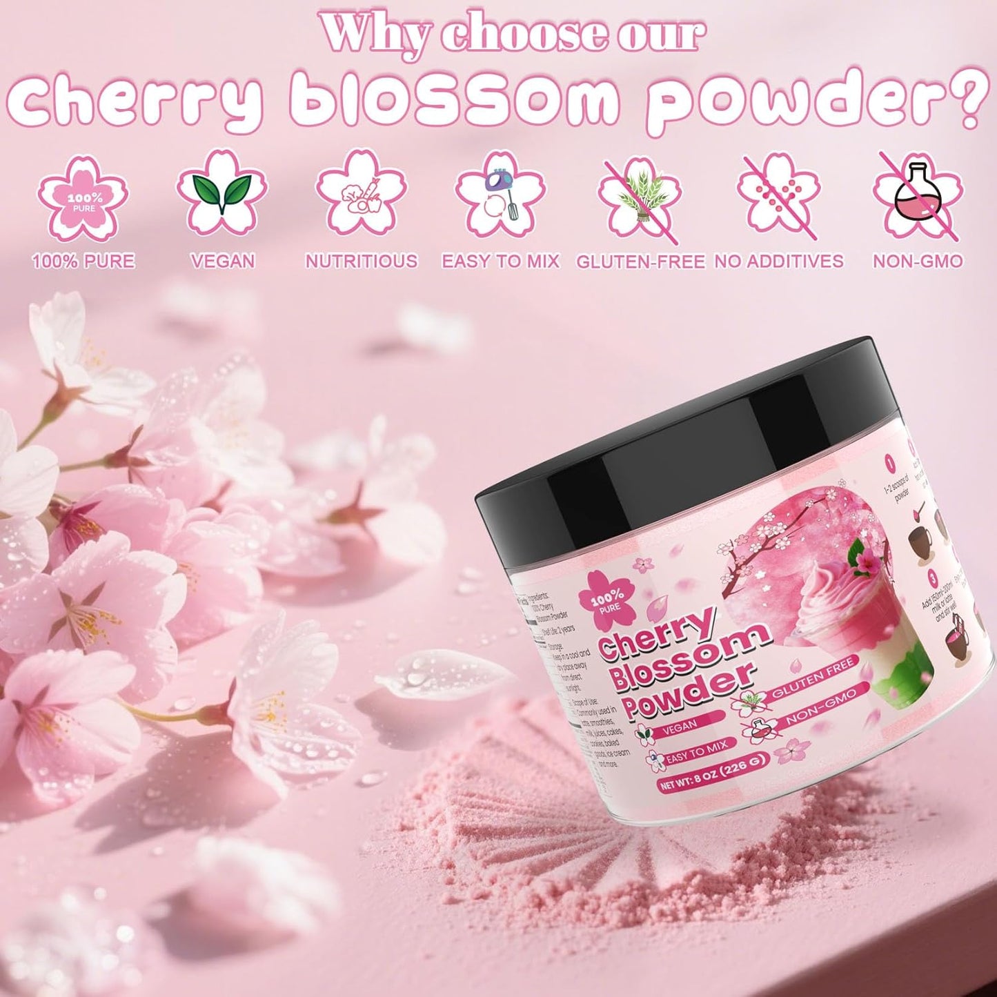 Cherry Blossom Powder - 8oz No Additive Sakura Powder for Baking, 100% Spring Season Cherry Blossom, Pink Color Natural Food Coloring, Perfect for Latte, Smoothies, Drinks - Vegan, Gluten Free