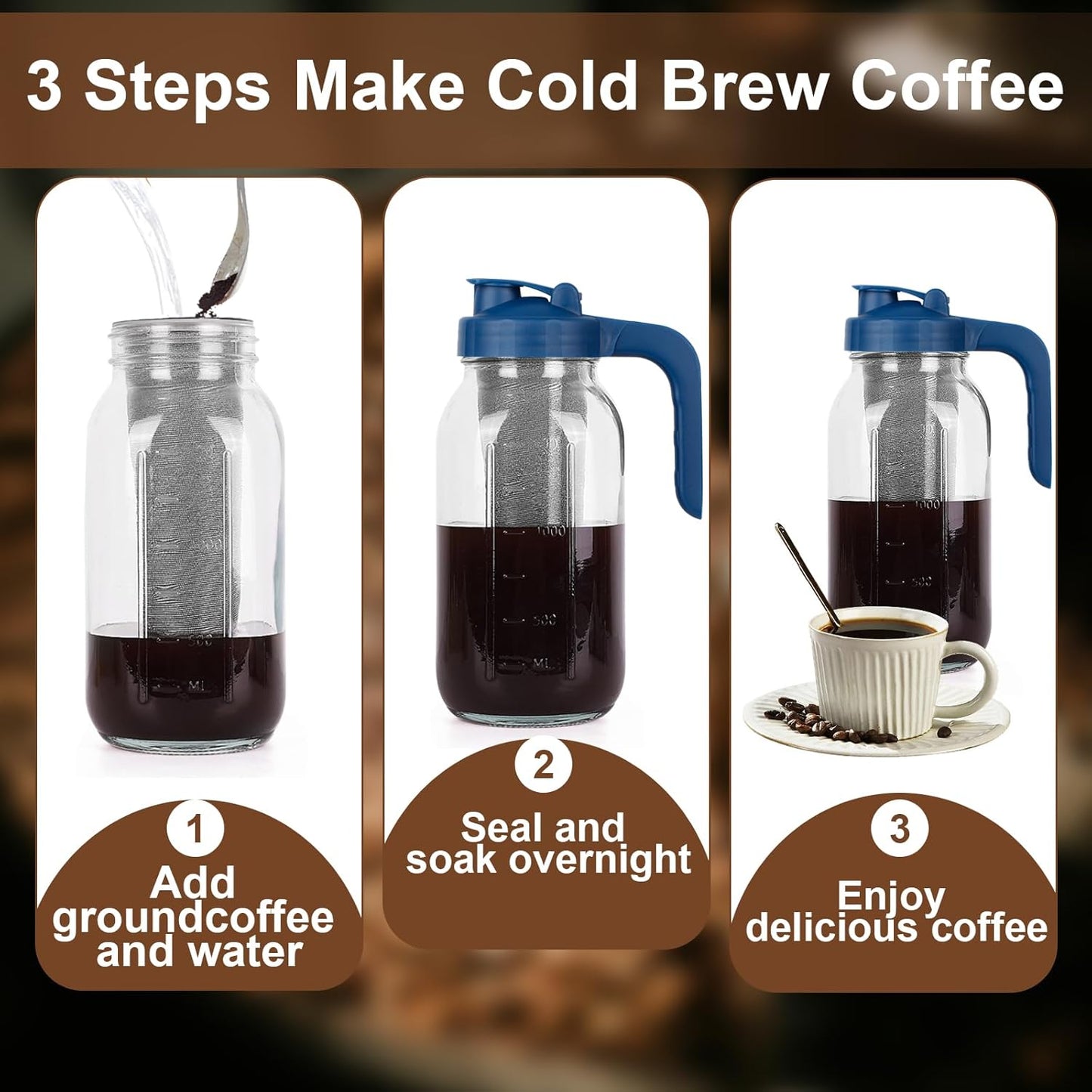 Cold Brew Coffee Maker Pitcher,32 Oz Glass Mason Jar Pitcher with V-shaped Pour Spout Handle Lid,Stainless Steel Filter for Iced Coffee,Iced tea,Breast Milk,Fruit Drinks,lemonade-Blue