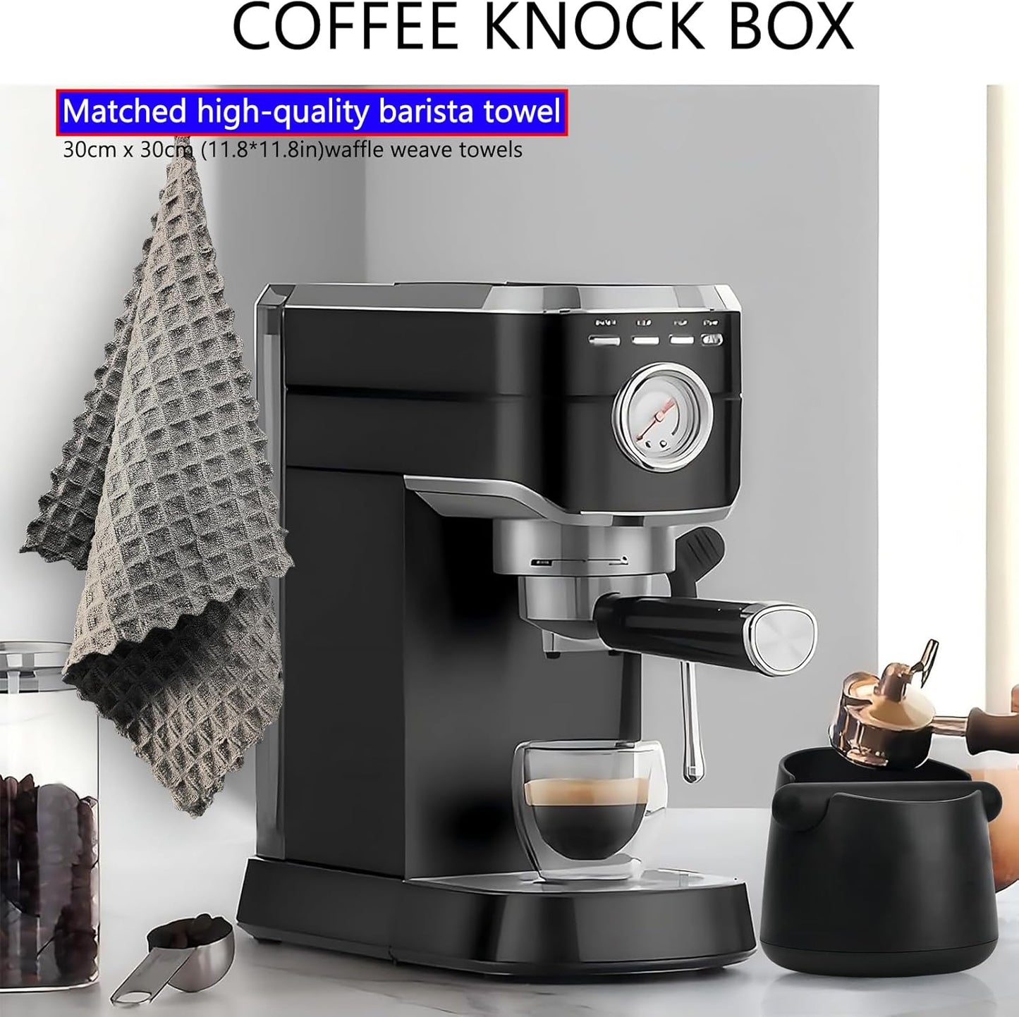 Espresso Knock Box with Barista Towels, Removable Shock-absorbent Knock Bar & Non-Slip Base - Knock Box Espresso, Knock Box for Coffee Grounds, Espresso Machine Accessories, Black, JDHAVMOS