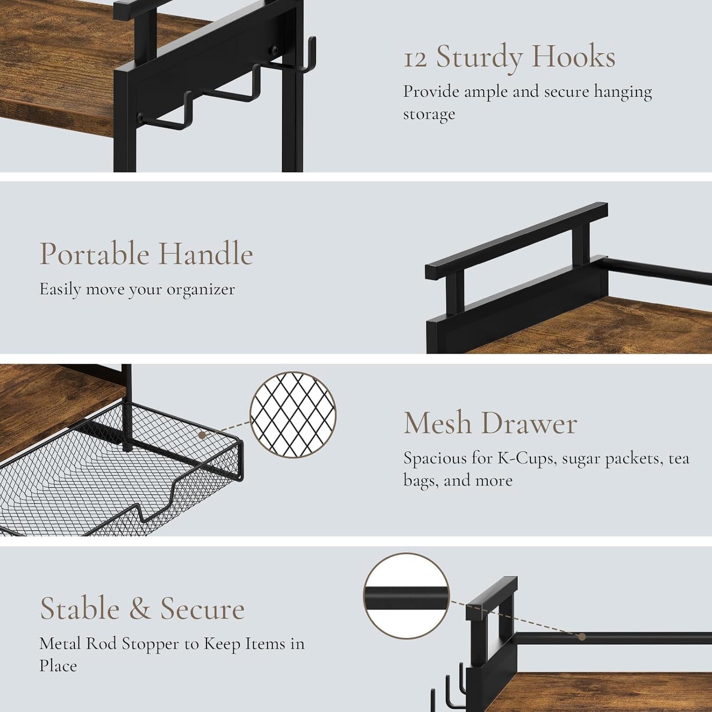 Coffee Bar Organizer, 3 Tier Coffee Station Organizer for Countertop, Mug Cup Holder Stand with 12 Hooks, with K Cup Storage Drawer, Tea Organizers Accessories for Home Office