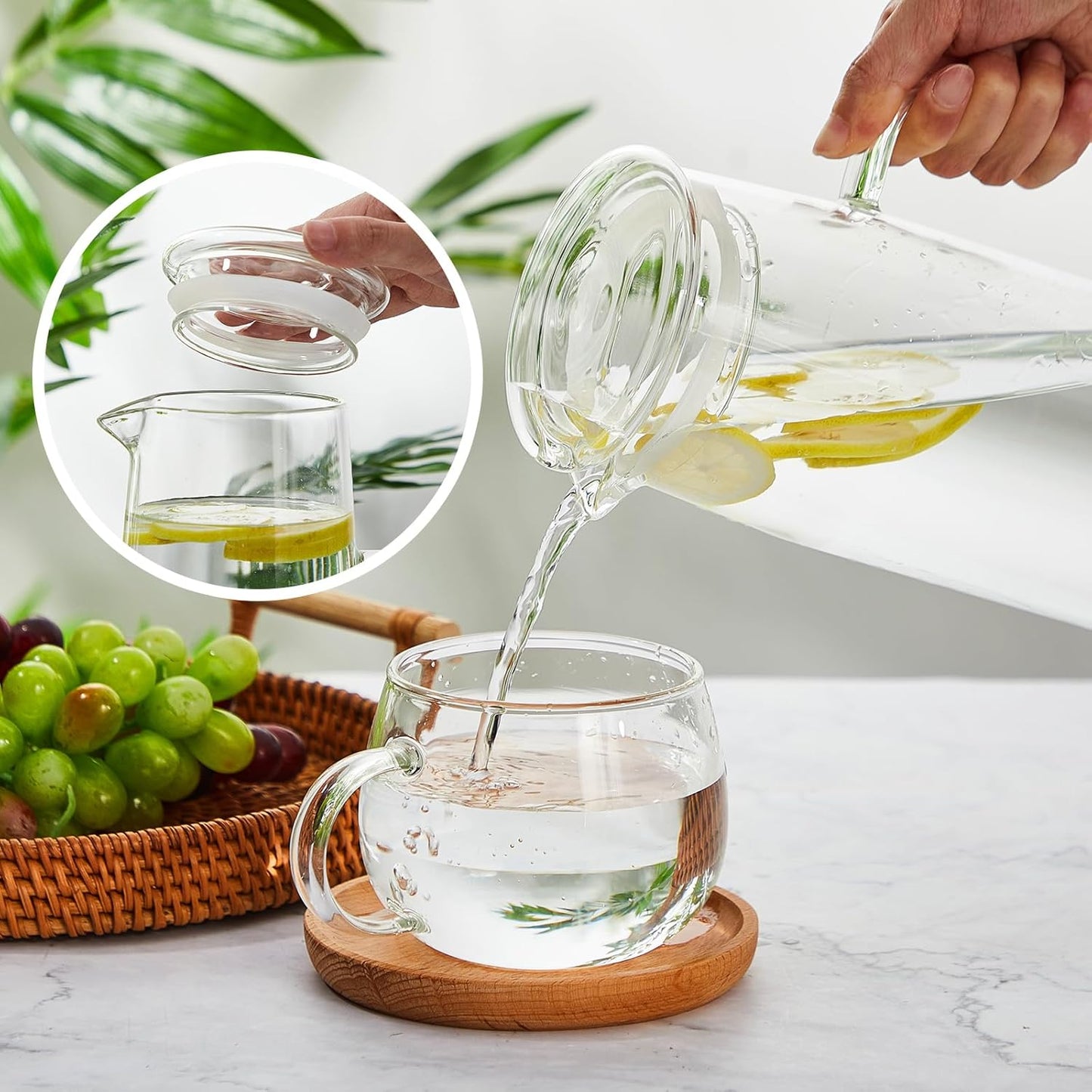 Hsei 2 Sets Glass Pitcher with Lid, 50 oz / 1500 ml Water Carafe with Handles Hot Cold Beverage Water Jar Glass Jug for Tea Juice Milk Coffee Iced Beverage (Glass Lid)