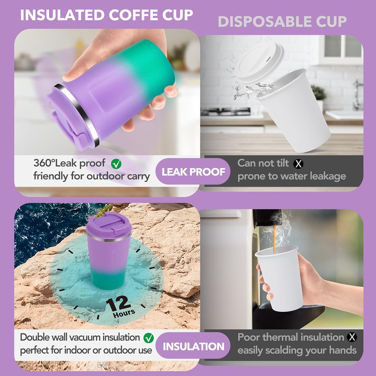 Volhoply 12 oz Double Wall Insulated Vacuum Travel Coffee Mug with Flip Lid Bulk 4 Pack,Reusable Stainless Steel Leak Proof Coffee Cup,Portable Thermal Tumbler for Hot&Cold Drinks(Purple Green,4 Set)