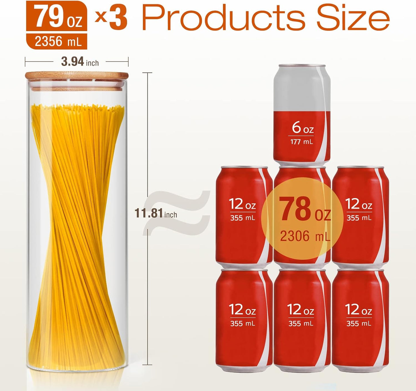 Glass Jars with Bamboo Lids 79 FL OZ [Set of 3], Glass Canisters with Airtight Lids, Glass Food Storage Containers for Spaghetti, Fettuccine, Linguine,Pasta, Best for Kitchen & Pantry