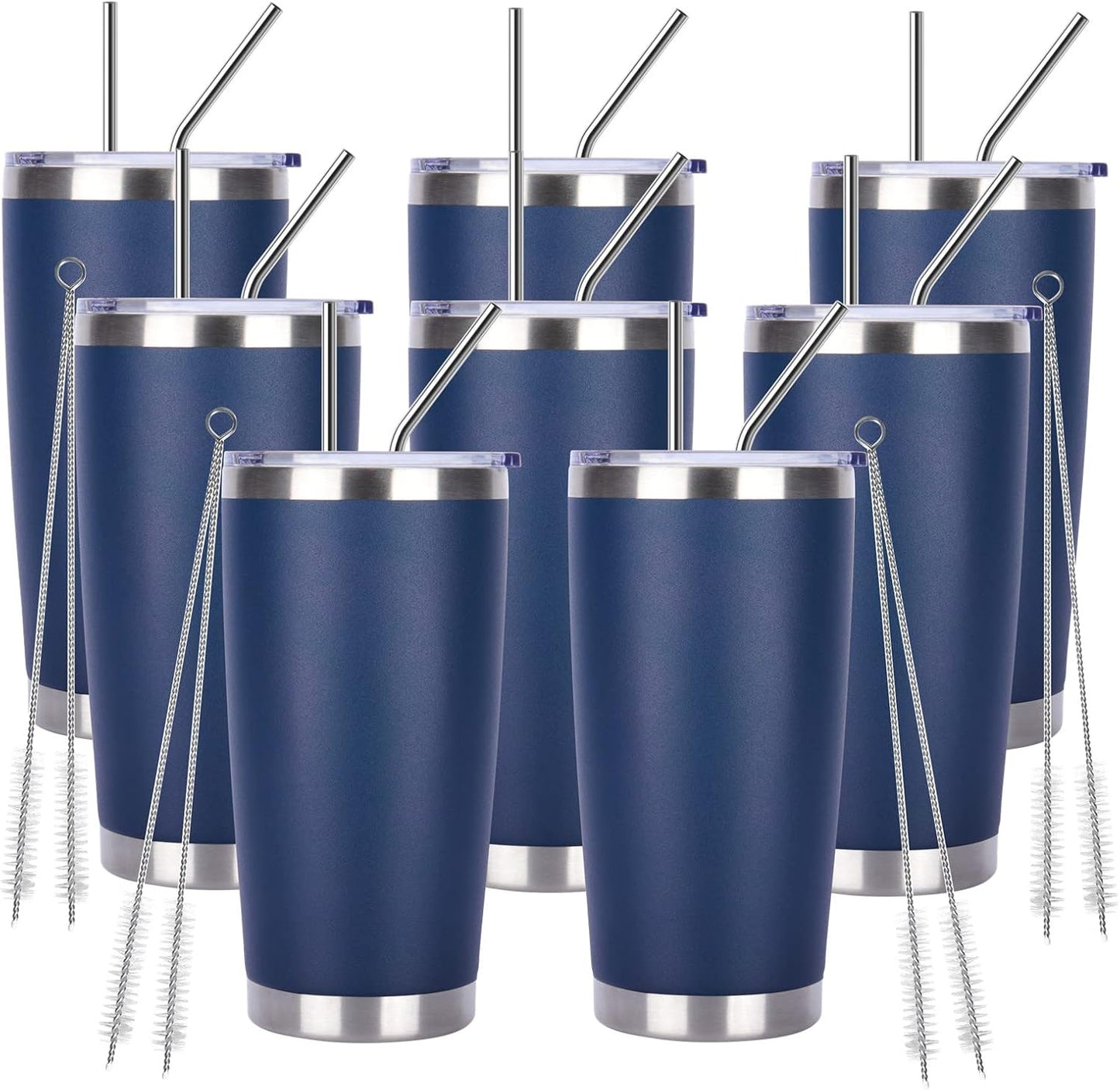Pandance 20oz Stainless Steel Insulated Tumblers with Lid and Straw Bulk, Double Wall Vacuum Water Cups for Hot & Iced Coffee Drinks Travel Mug (Navy Blue, 8 pack)