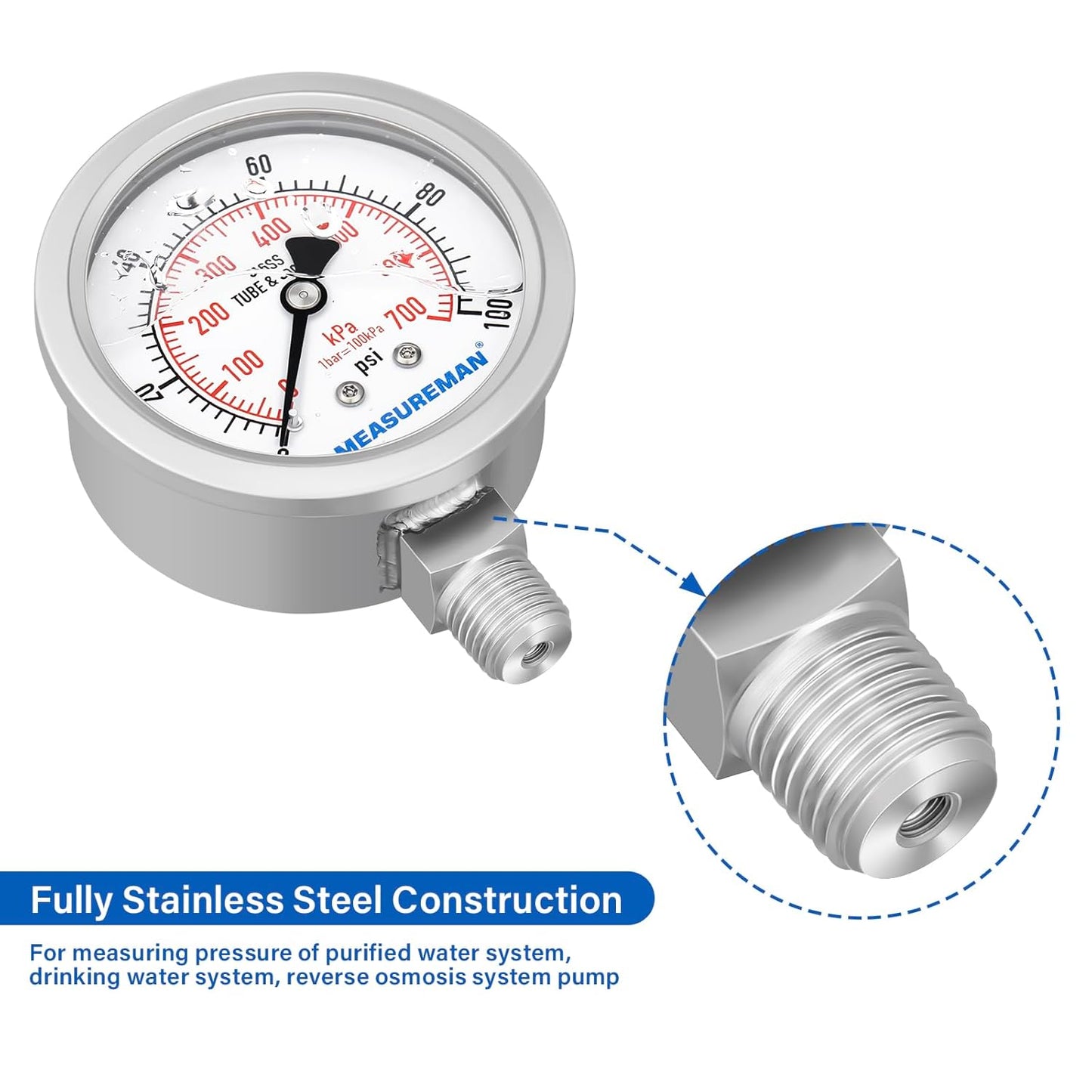 MEASUREMAN Fully Stainless Steel Hydraulic Glycerin Filled Pressure Gauge, 2-1/2" Dial Size, 1/4" NPT Lower Mount, 0-100psi/kpa