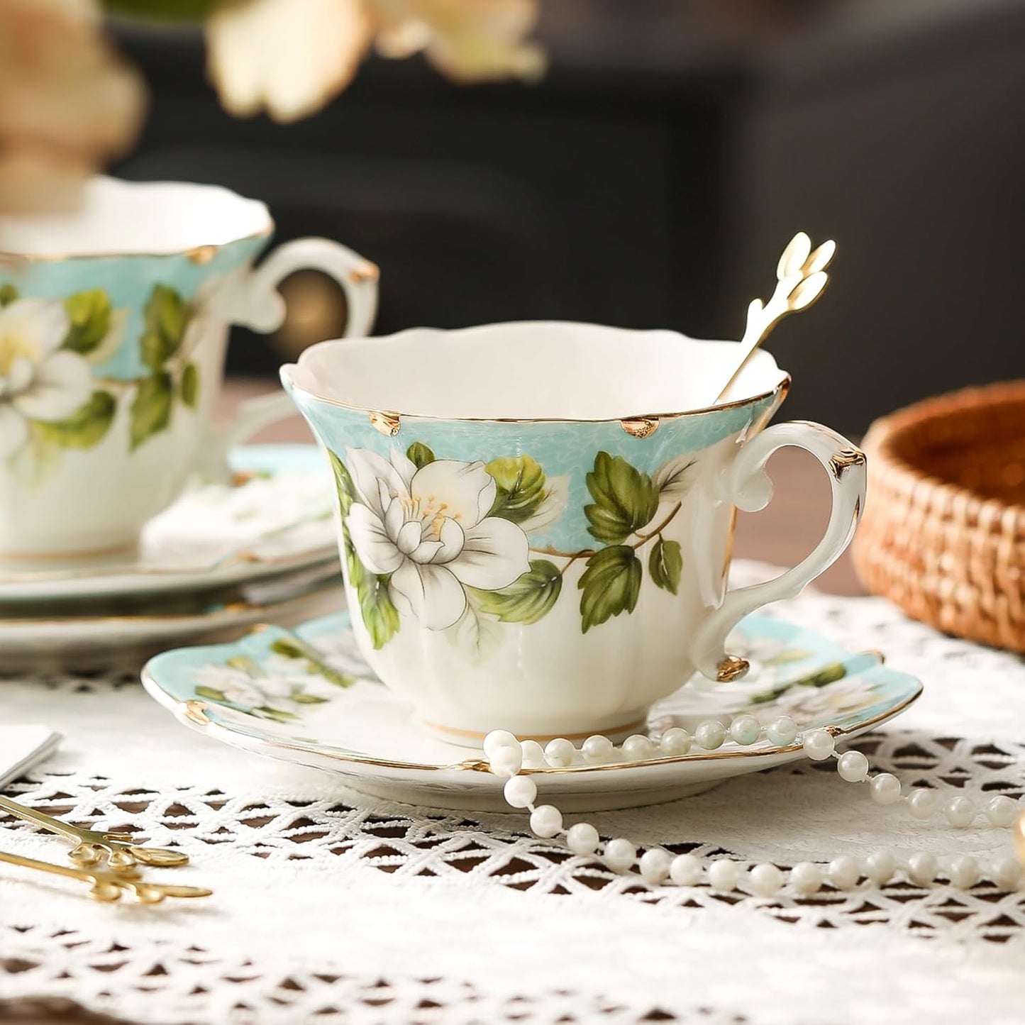 TATSUMI Country Roses Bone China Tea Cup and Saucer Set, 6 Pieces, Vintage Style, For Women and Tea Parties(Light Green, 2 sets)